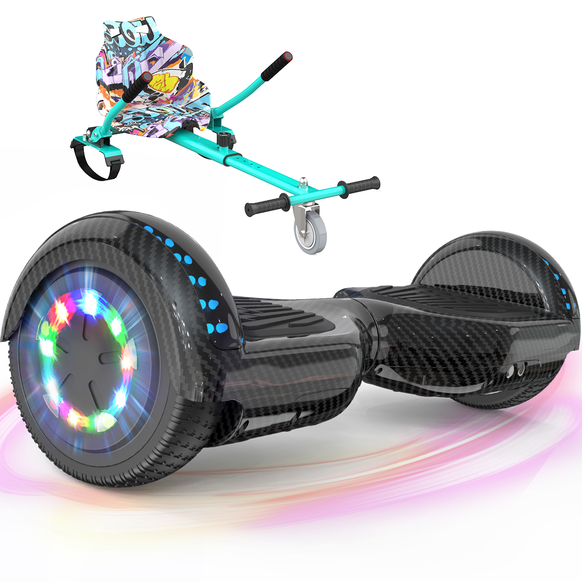 Een zwart hoverboard met kleurrijke LED-verlichting en een turkoois hoverboard zitje.