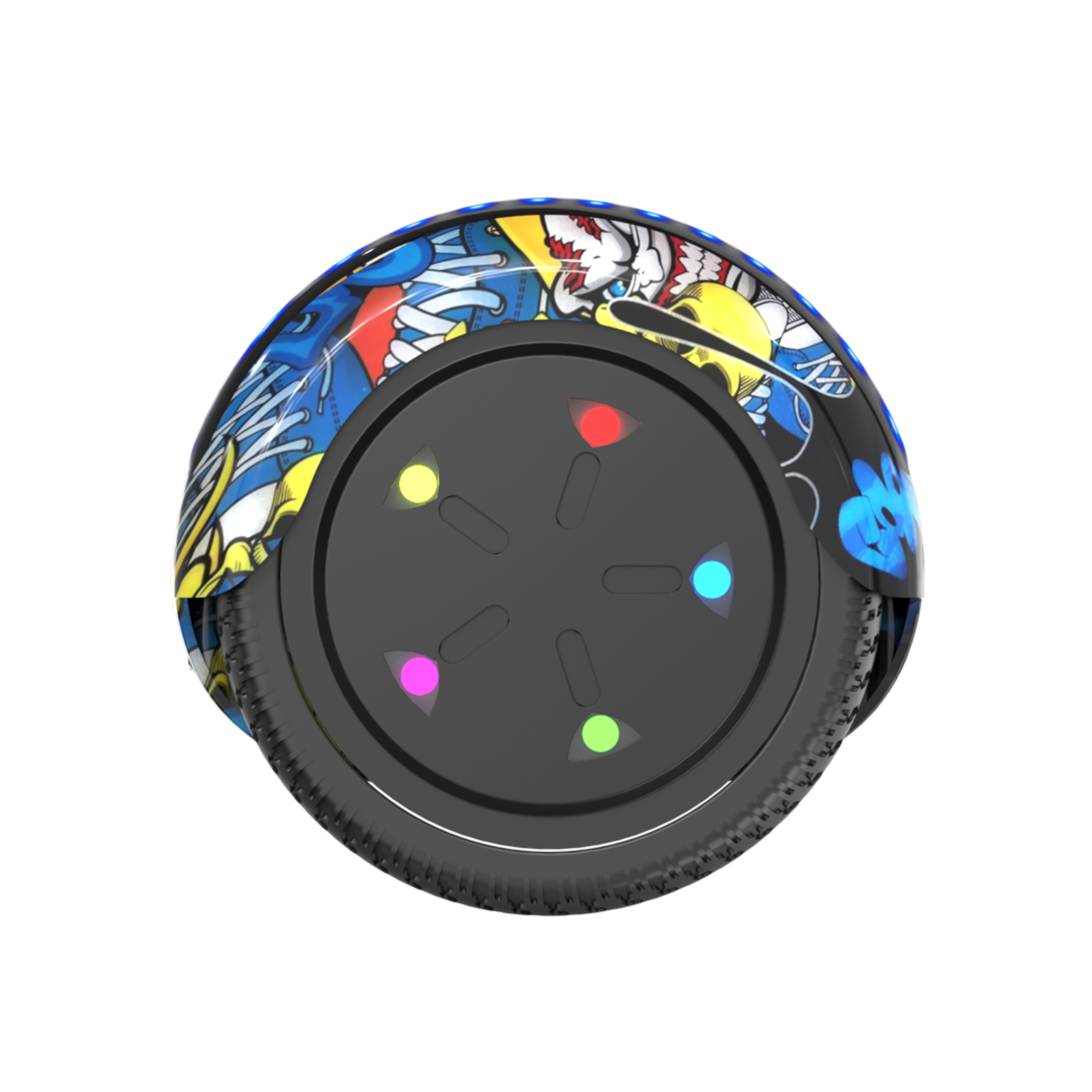 Een zwart hoverboard met kleurrijk graffitikunstontwerp en gloeiende lampjes.