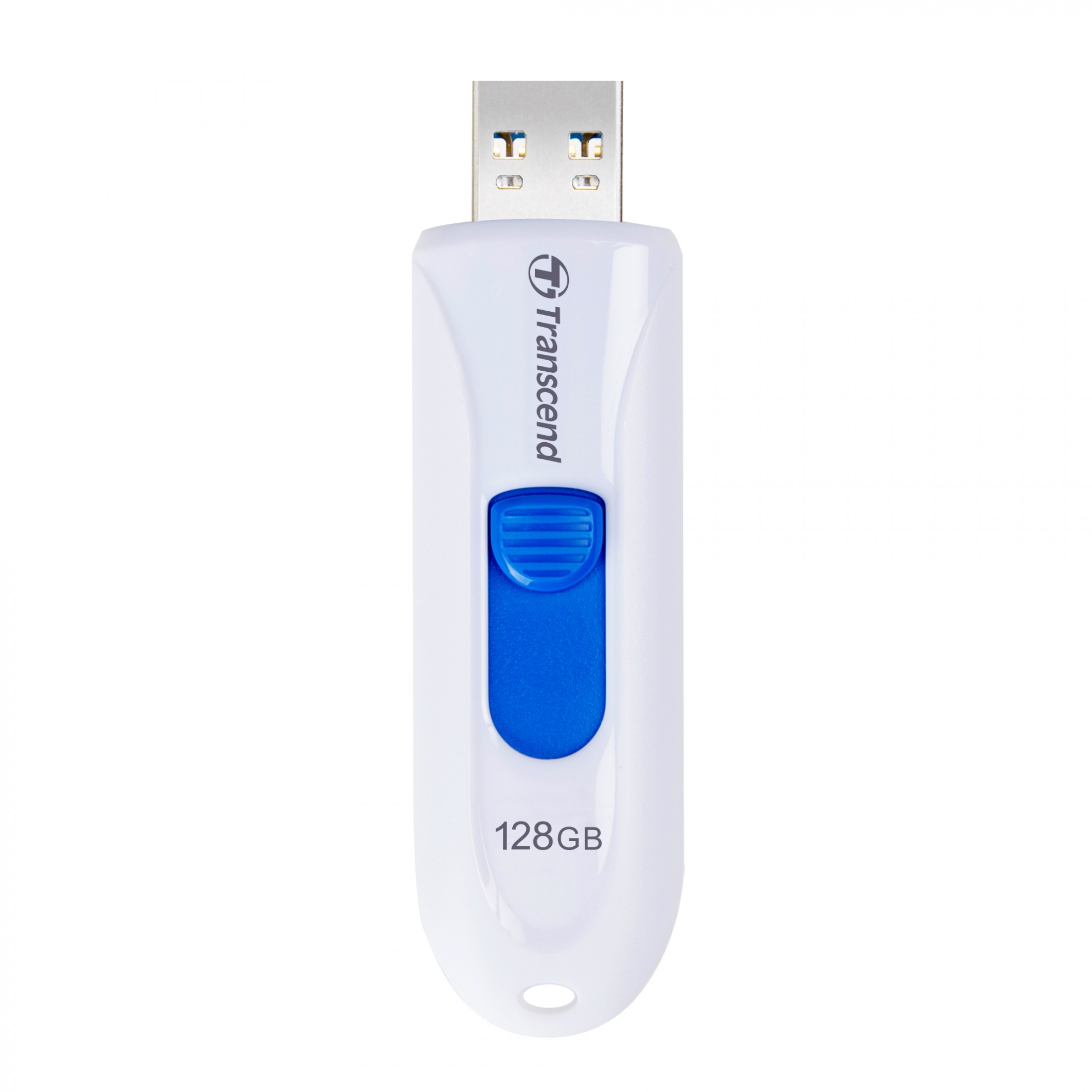 Un'unità flash USB Transcend bianca da 128 GB con pulsante blu.