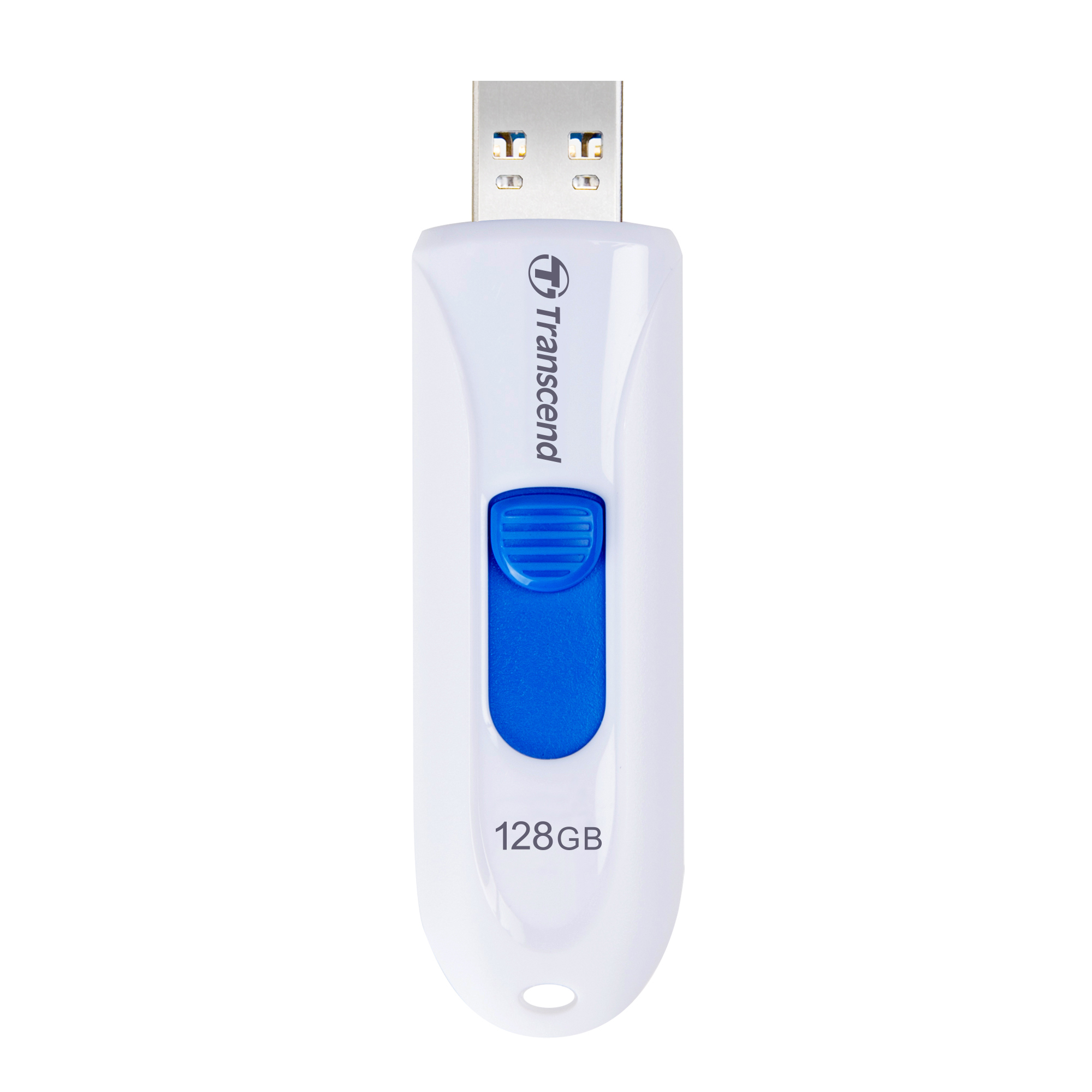 Un'unità USB bianca con cursore blu e scritta 128GB.