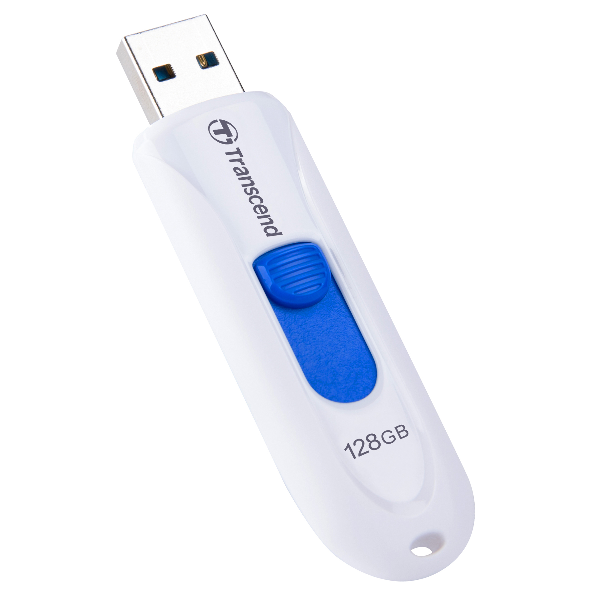 Un'unità USB Transcend bianca da 128GB con cursore blu, isolata su bianco.