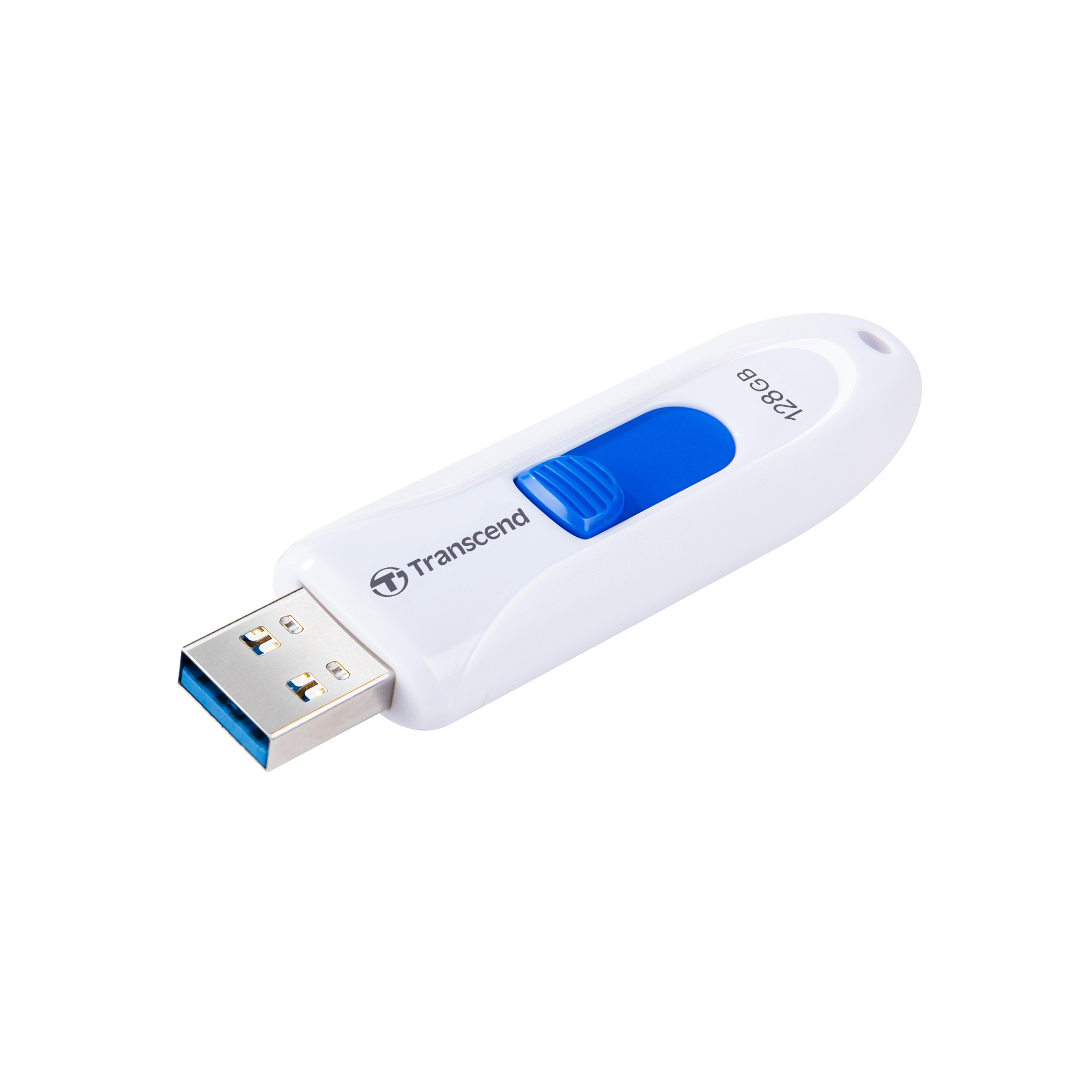 Un'unità USB bianca con cursore blu e capacità di 128 GB.