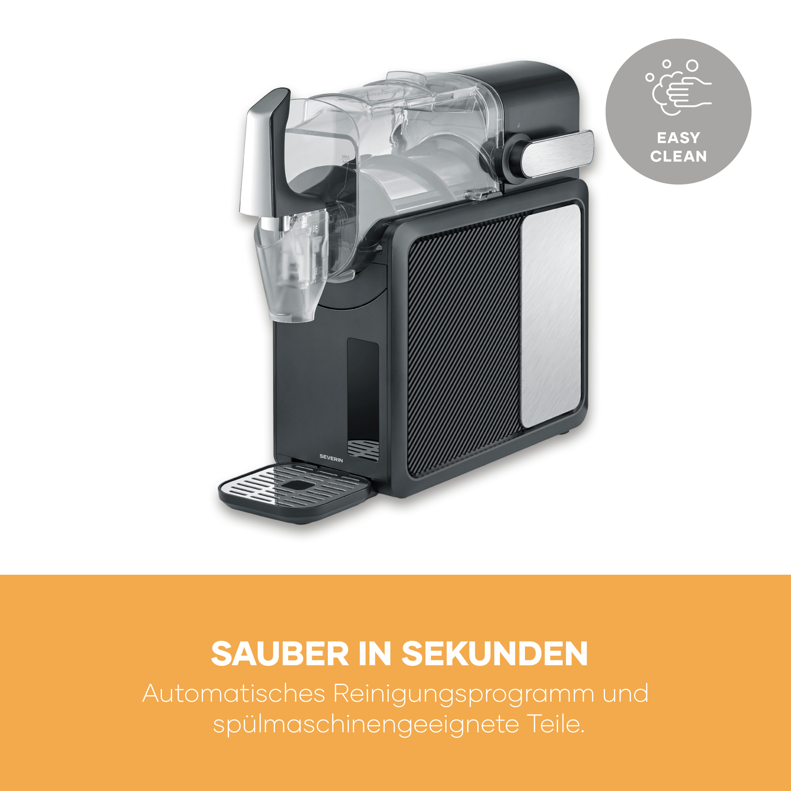 Ein schwarzer Slush-Eis-Maker mit transparentem Behälter und silbernen Akzenten.