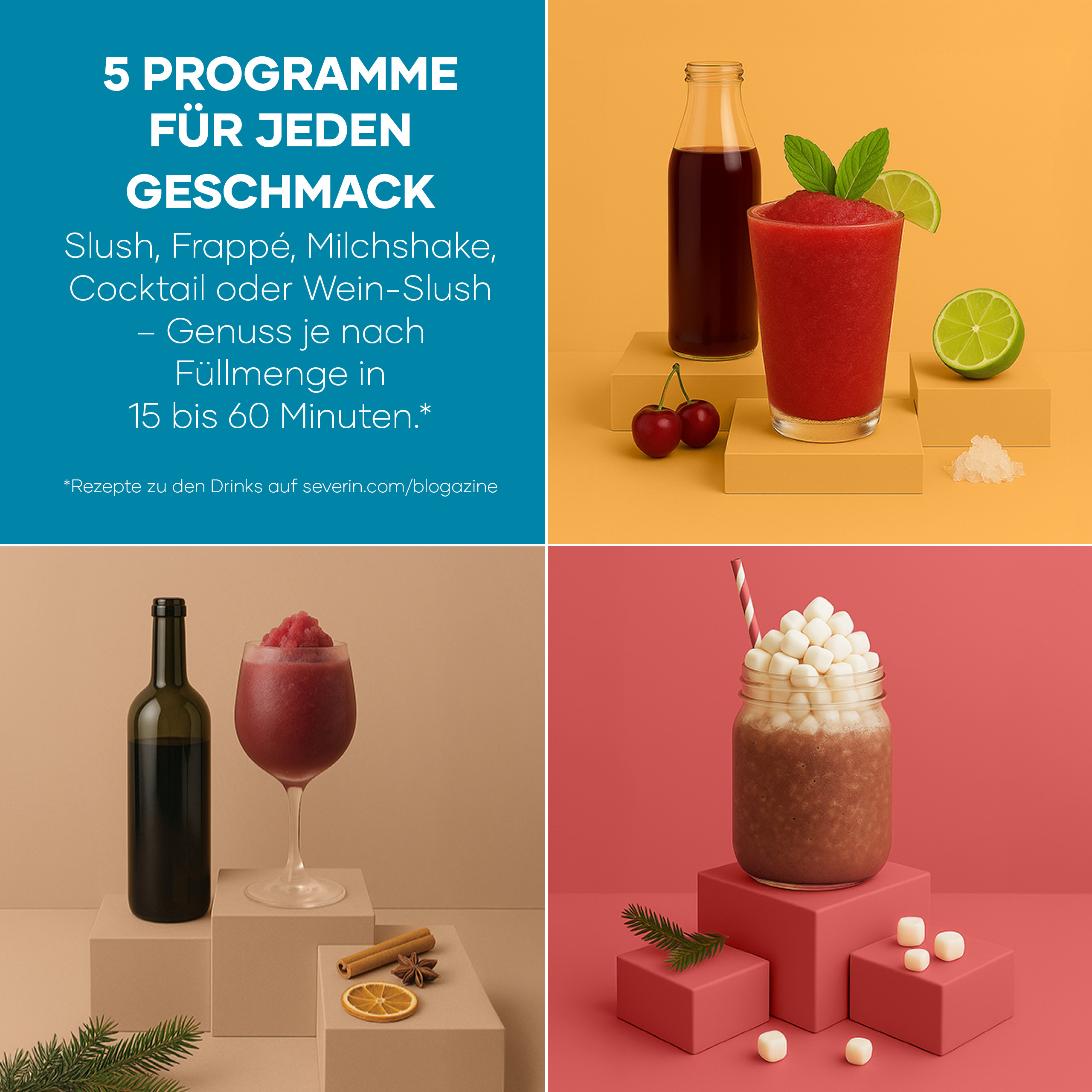 Collage von Getränken: Slush, Milchshake, Wein-Slush, Kakao, mit Text.