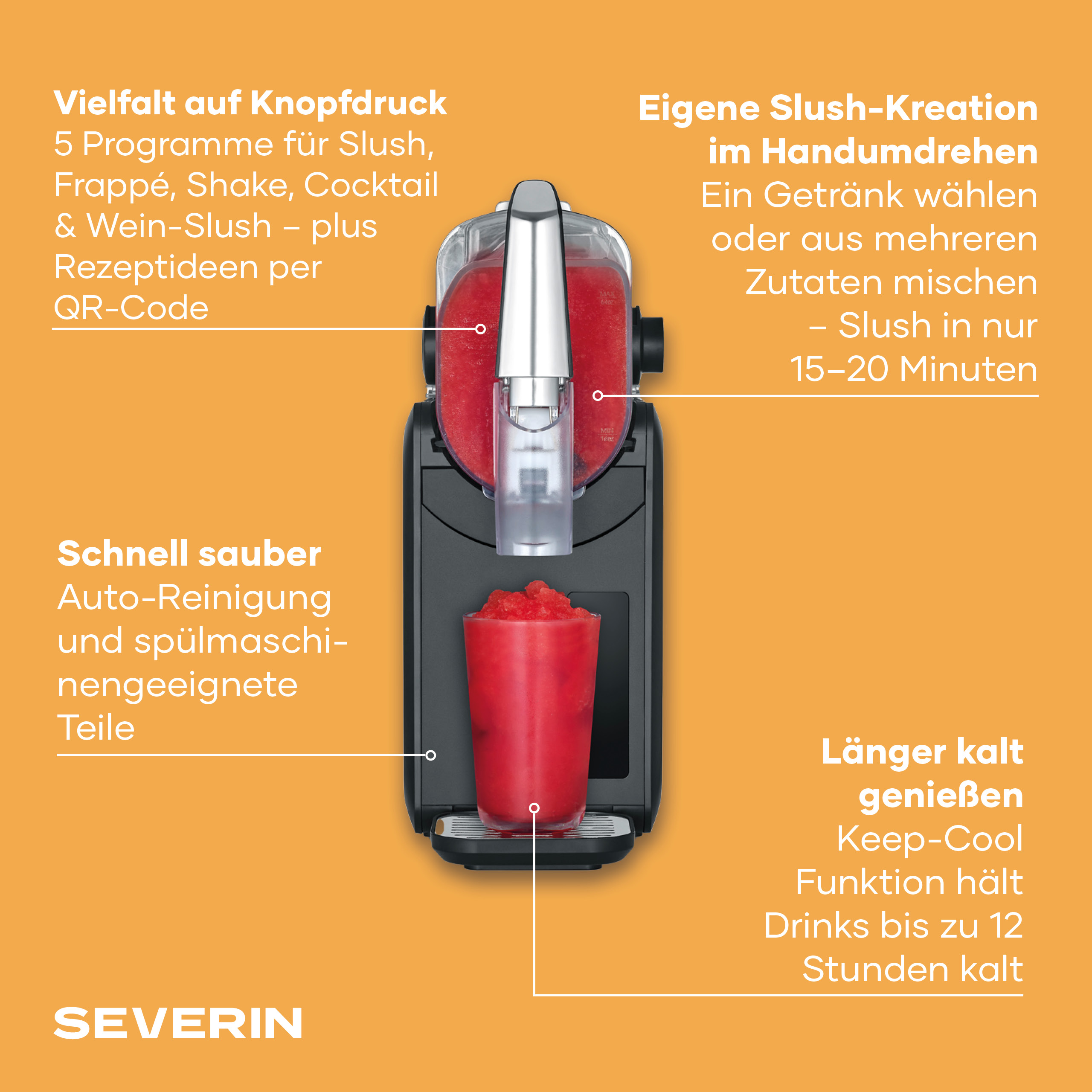 Ein Severin Slush Maker mit einem Glas rotem Slush und Text über Funktionen.