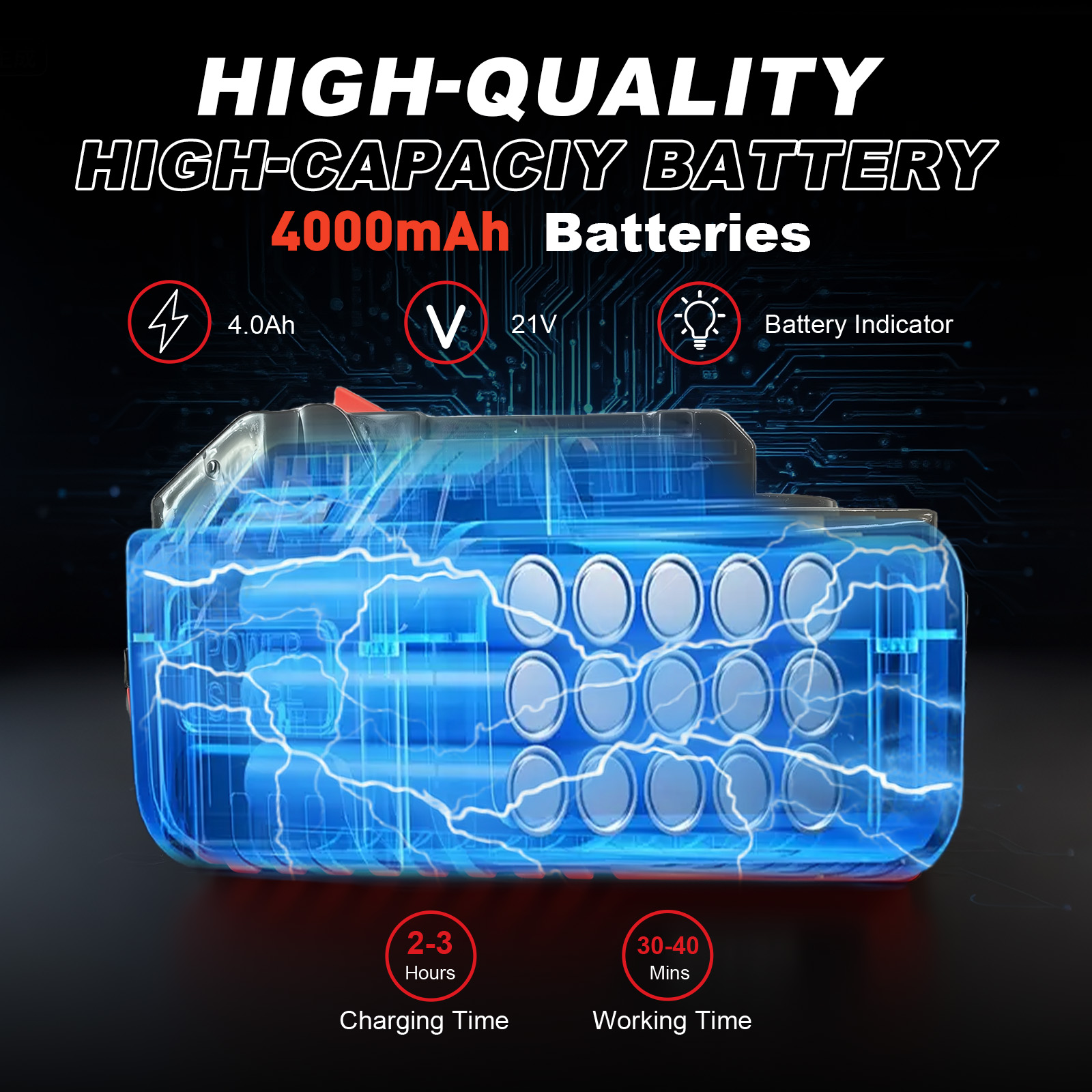 Blauwe 4000mAh batterij, 21V, 4.0Ah. Laadtijd 2-3 uur, werktijd 30-40 minuten.