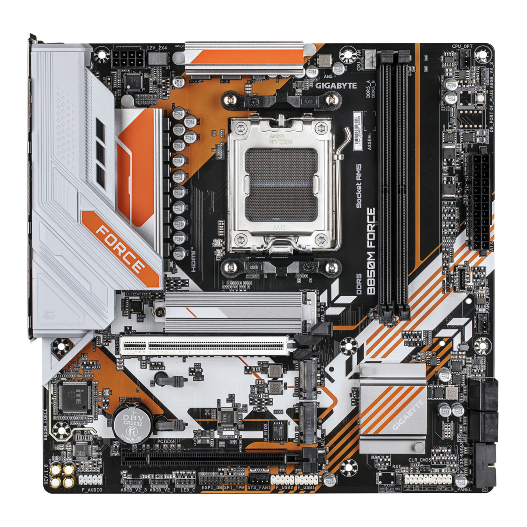 Turuncu ve beyaz Gigabyte B850M FORCE AMD AM5 anakart, CPU soketi ve RAM yuvaları ile.