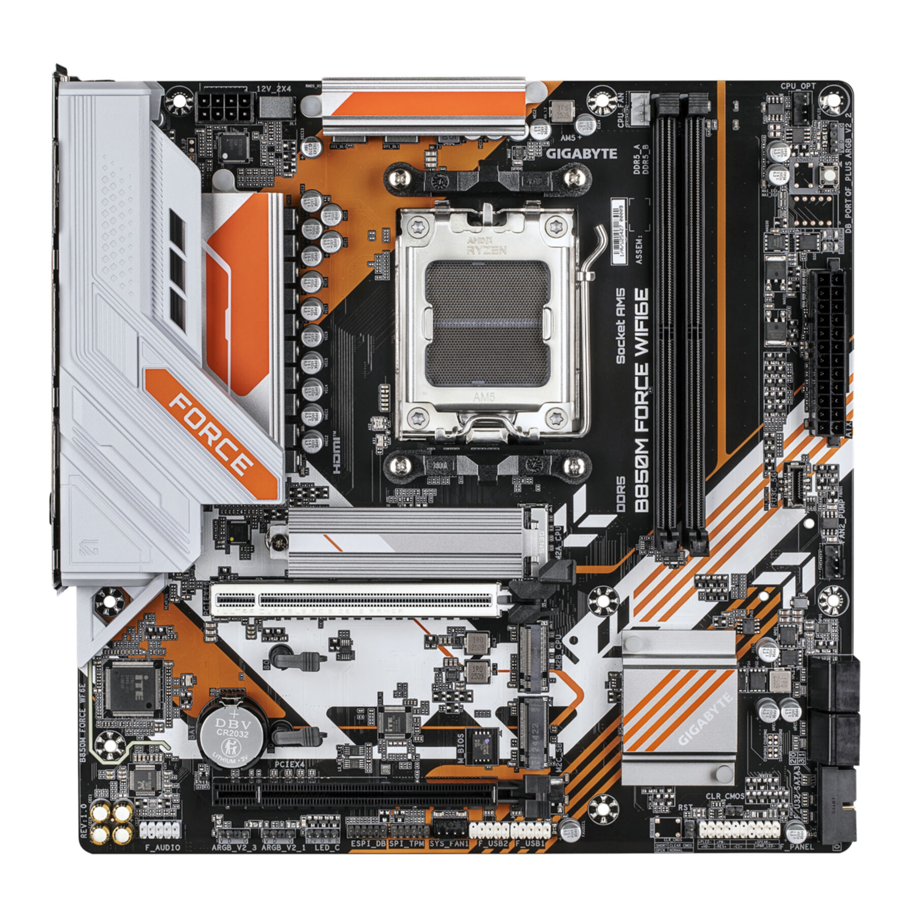 Een Gigabyte B850M FORCE WIFI6E moederbord met oranje en witte accenten.
