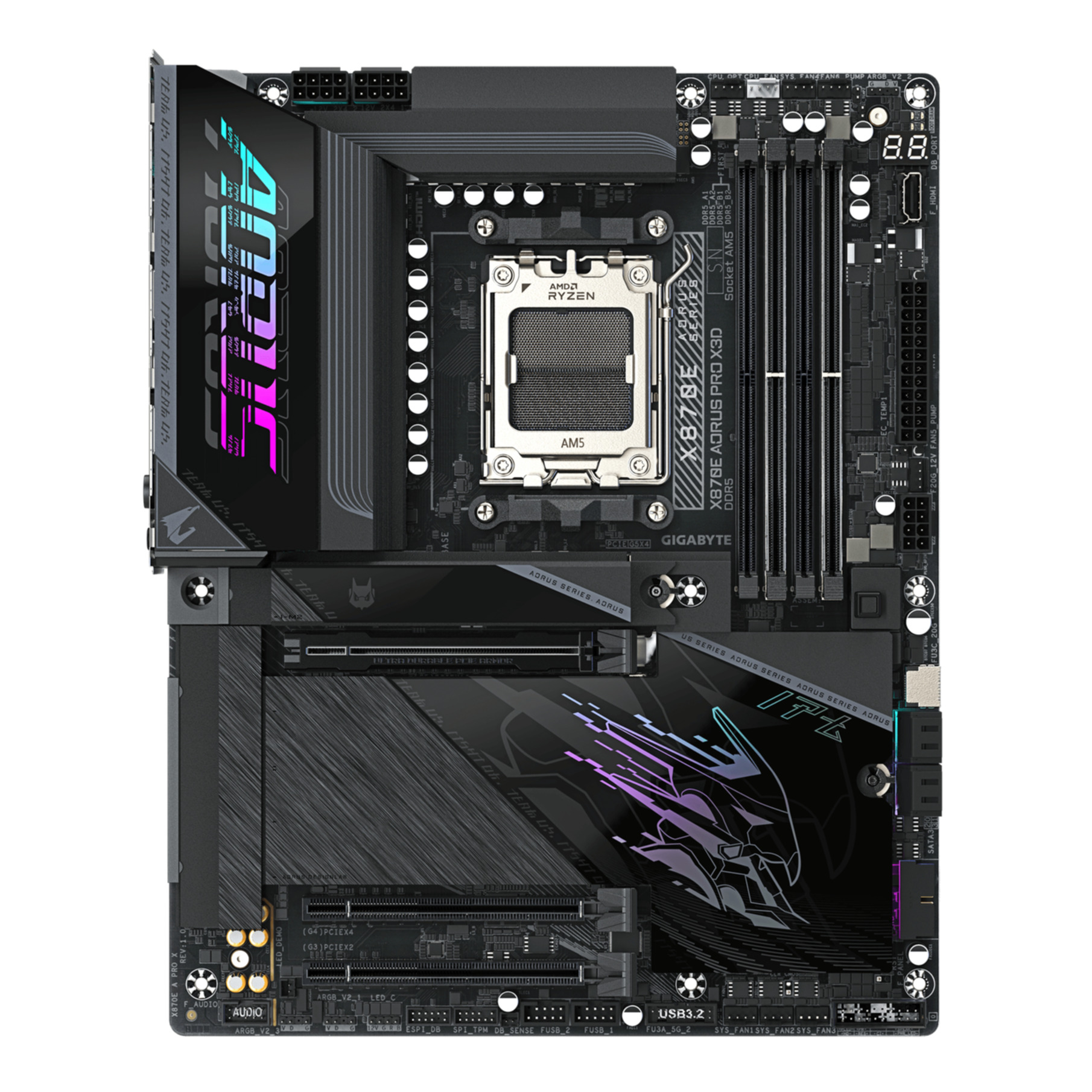 Een zwart Gigabyte X870E AORUS PRO X3D moederbord met RGB-verlichting en CPU-socket.