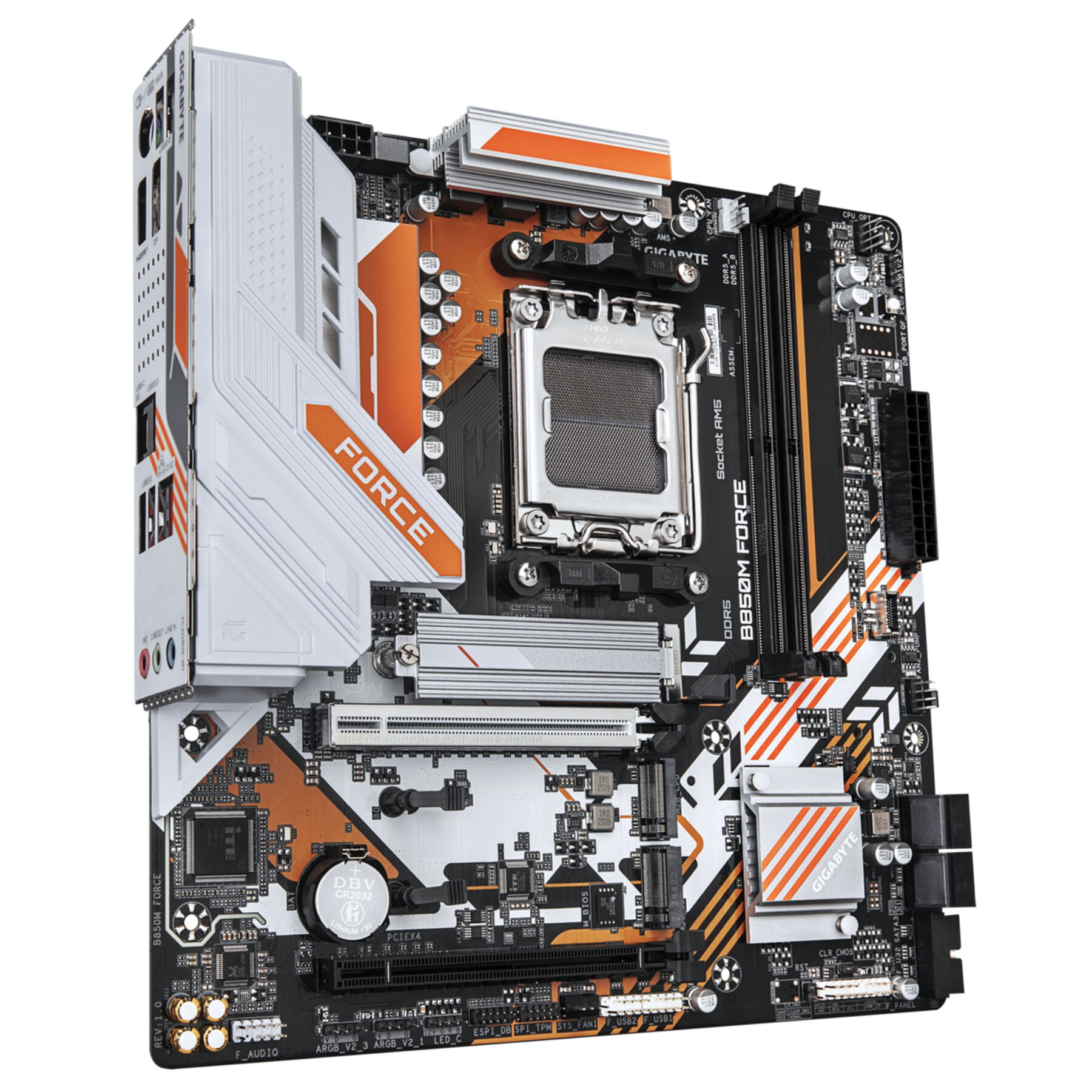Turuncu vurgulara ve FORCE logosuna sahip Gigabyte B850M FORCE anakart.