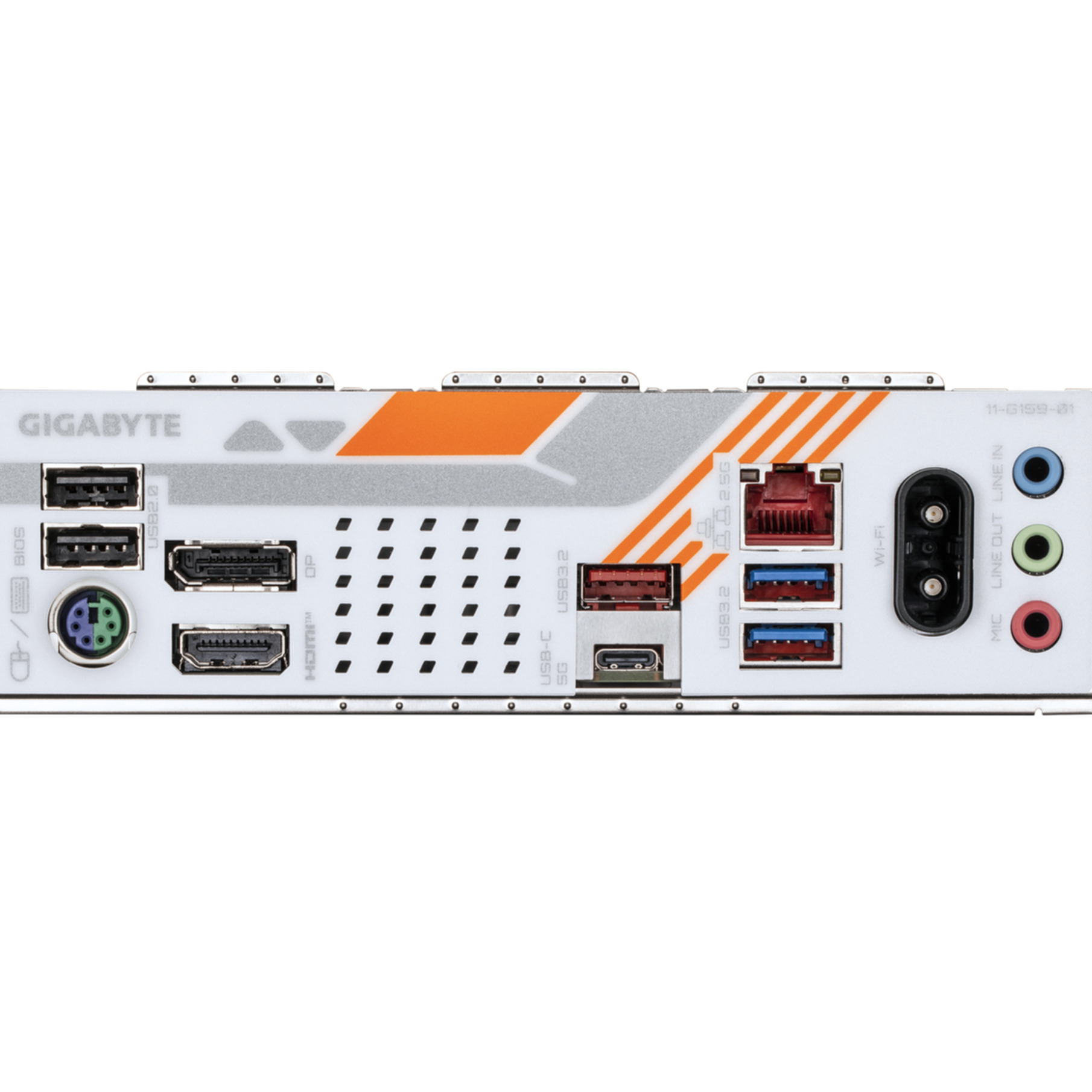 Gigabyte moederbord achterpaneel met USB, HDMI, DP, Ethernet, Wi-Fi en audio poorten.