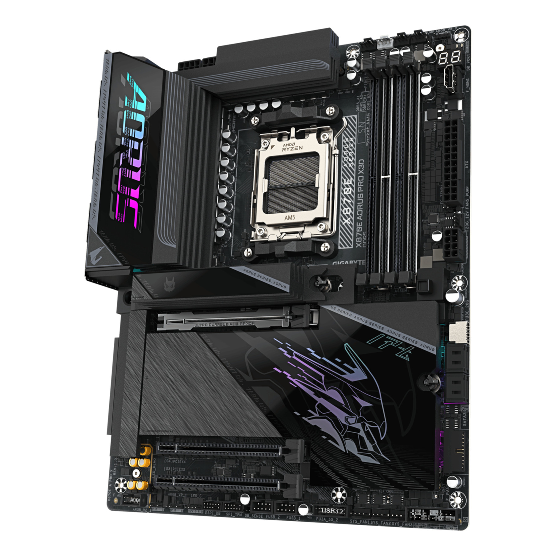 Zwart AORUS moederbord met zilveren CPU-socket, kleurrijke RGB-accenten en zichtbare RAM-slots.