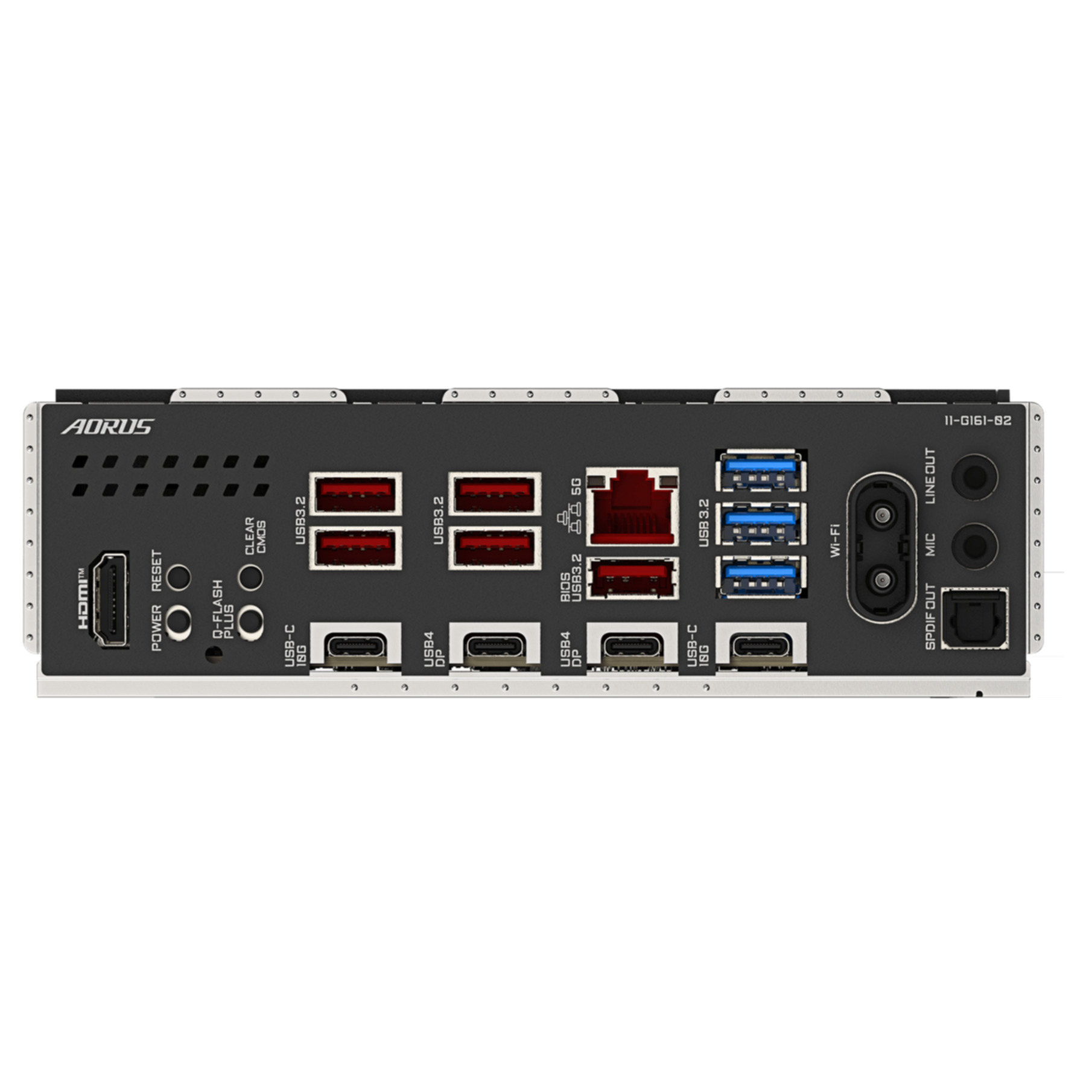 AORUS moederbord achterpaneel met HDMI, USB-poorten, Wi-Fi, audio en meer.
