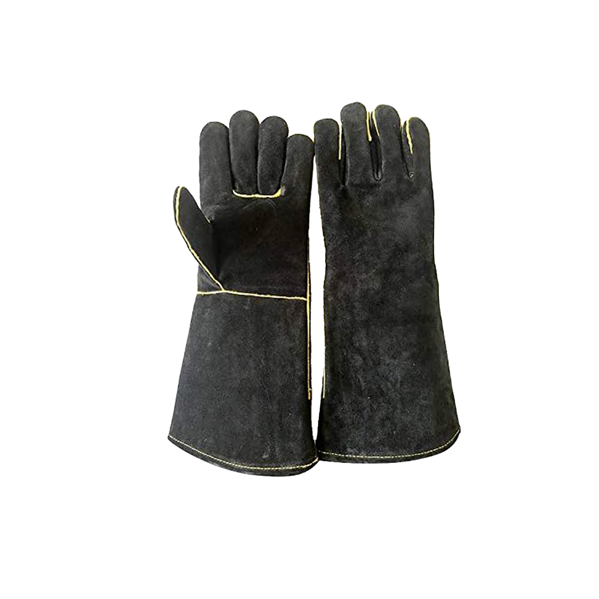Guantes de cuero negros con costuras amarillas, diseñados para protección.