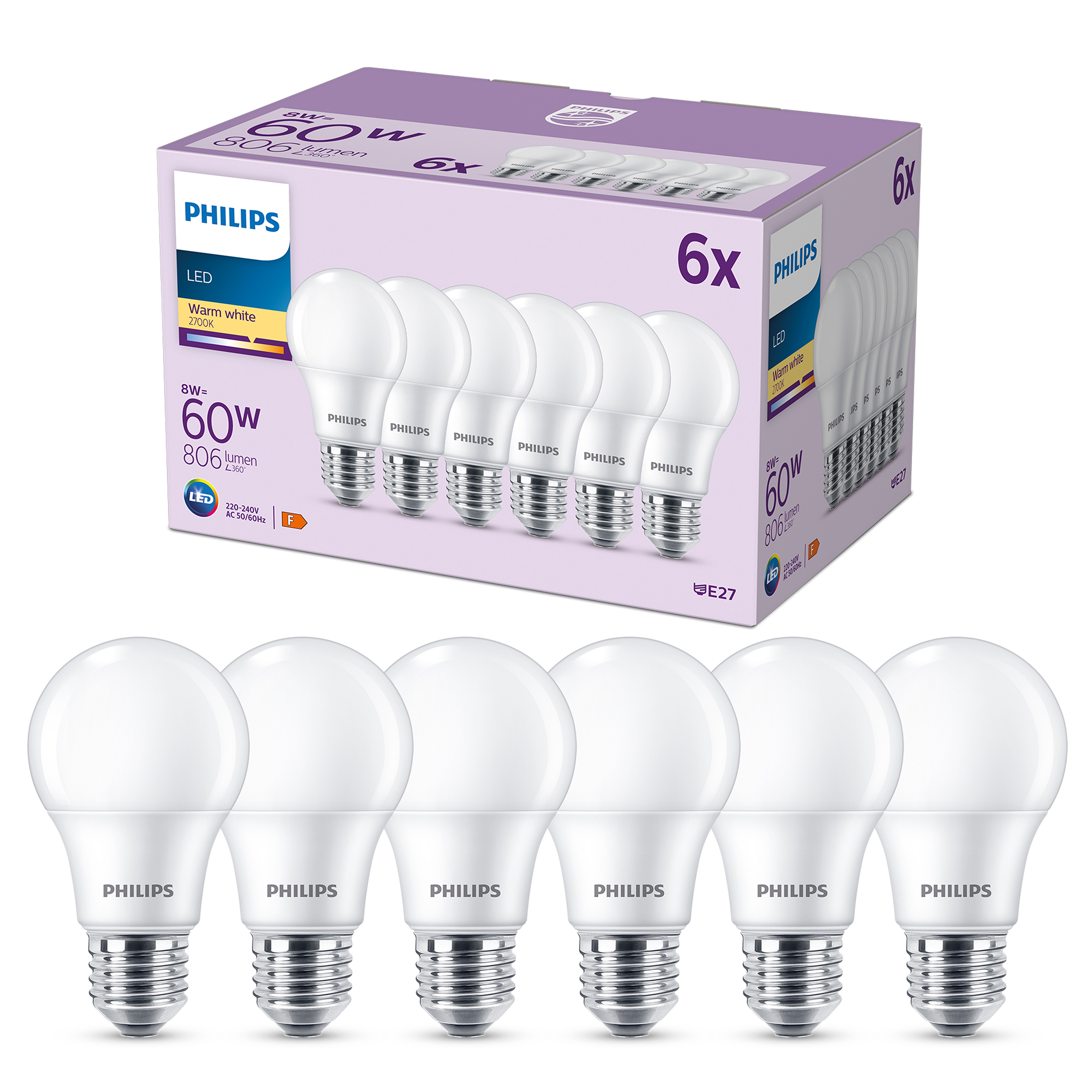 Una confezione da sei lampadine LED Philips, bianco caldo, 8W, equivalenti a 60W.