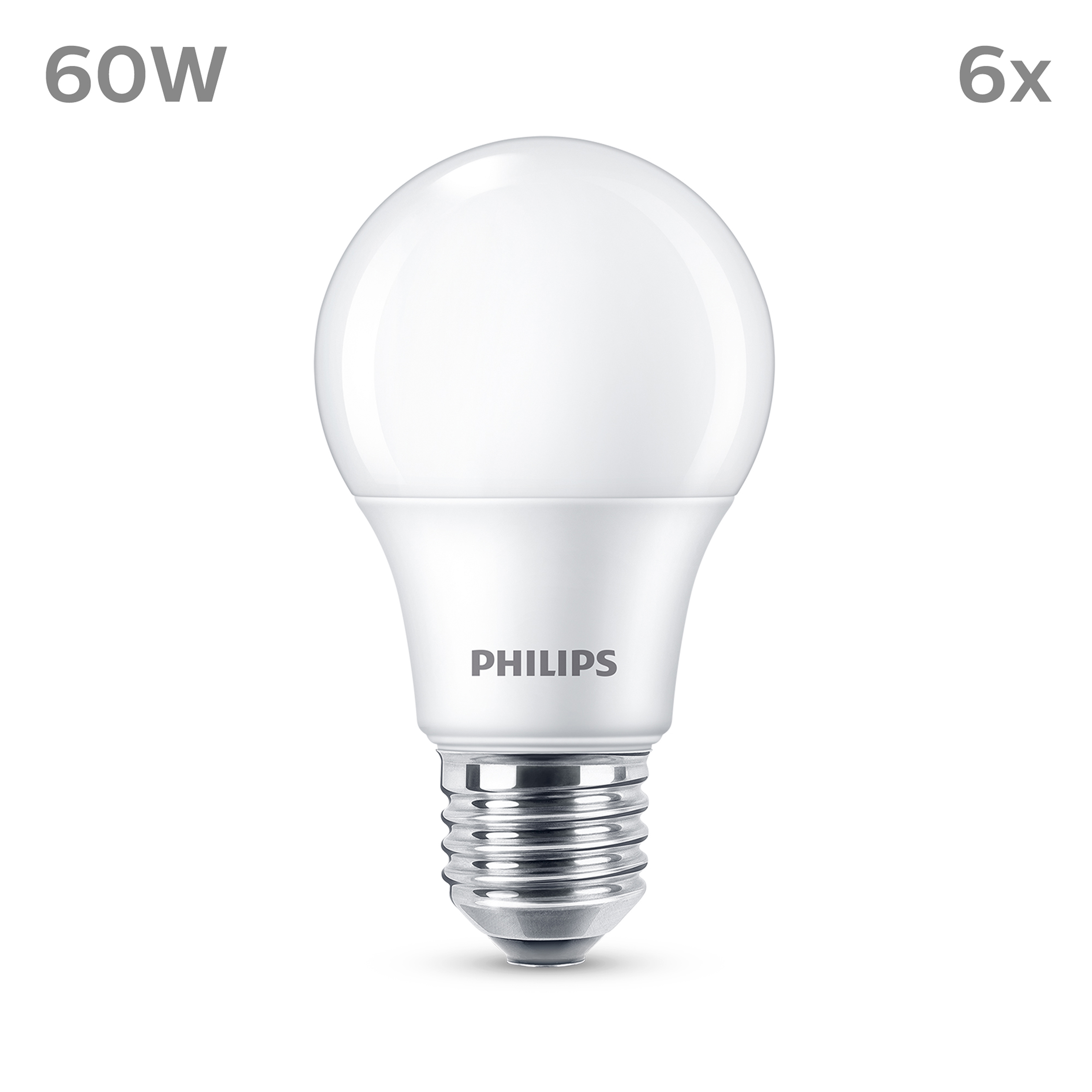 Una lampadina LED Philips da 60W con base argentata è mostrata su sfondo bianco.