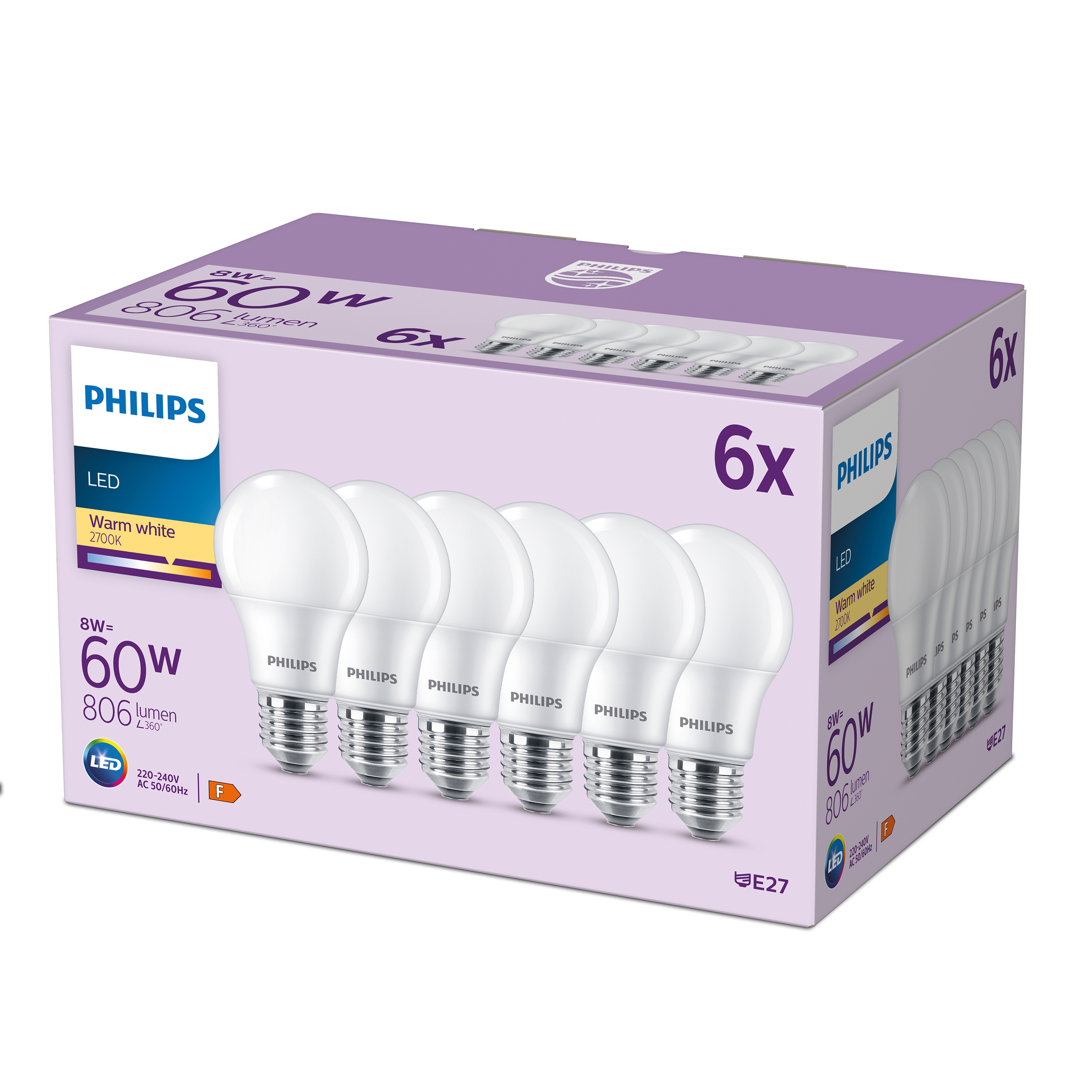 Confezione da 6 lampadine LED Philips, 8W, 60W equivalenti, 806 lumen, bianco caldo, E27.