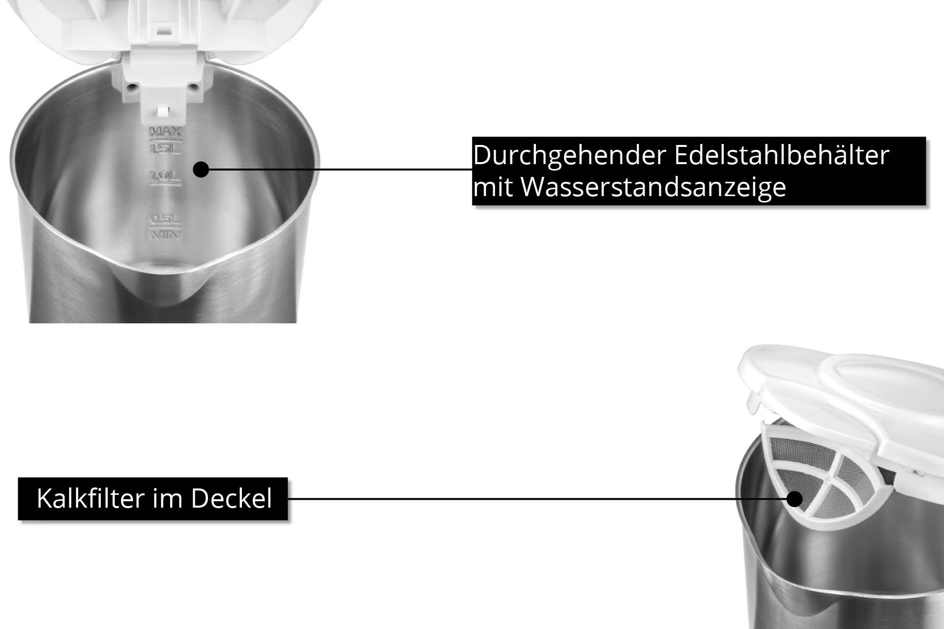 Edelstahlkessel mit Wasserstandsanzeige und Deckelfilter.