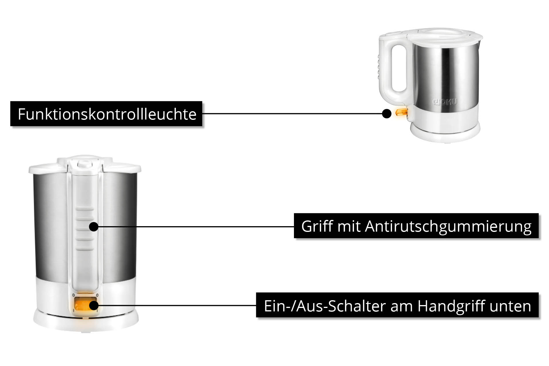 Zwei Wasserkocher, eines mit Beschriftung für Kontrollleuchte, Griff und Schalter.