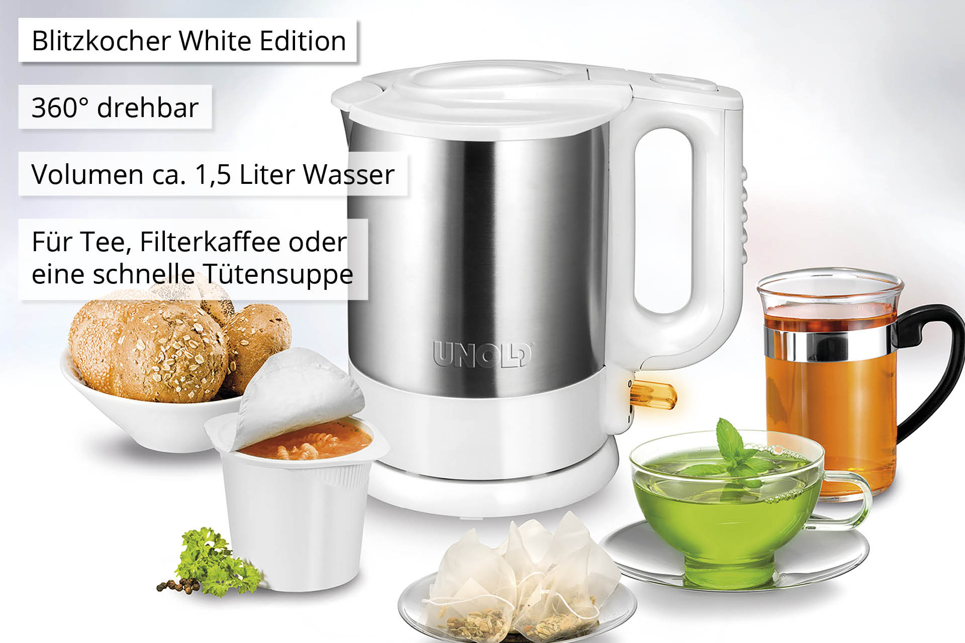 Ein Unold Wasserkocher White Edition mit Tee, Suppe und Brötchen.