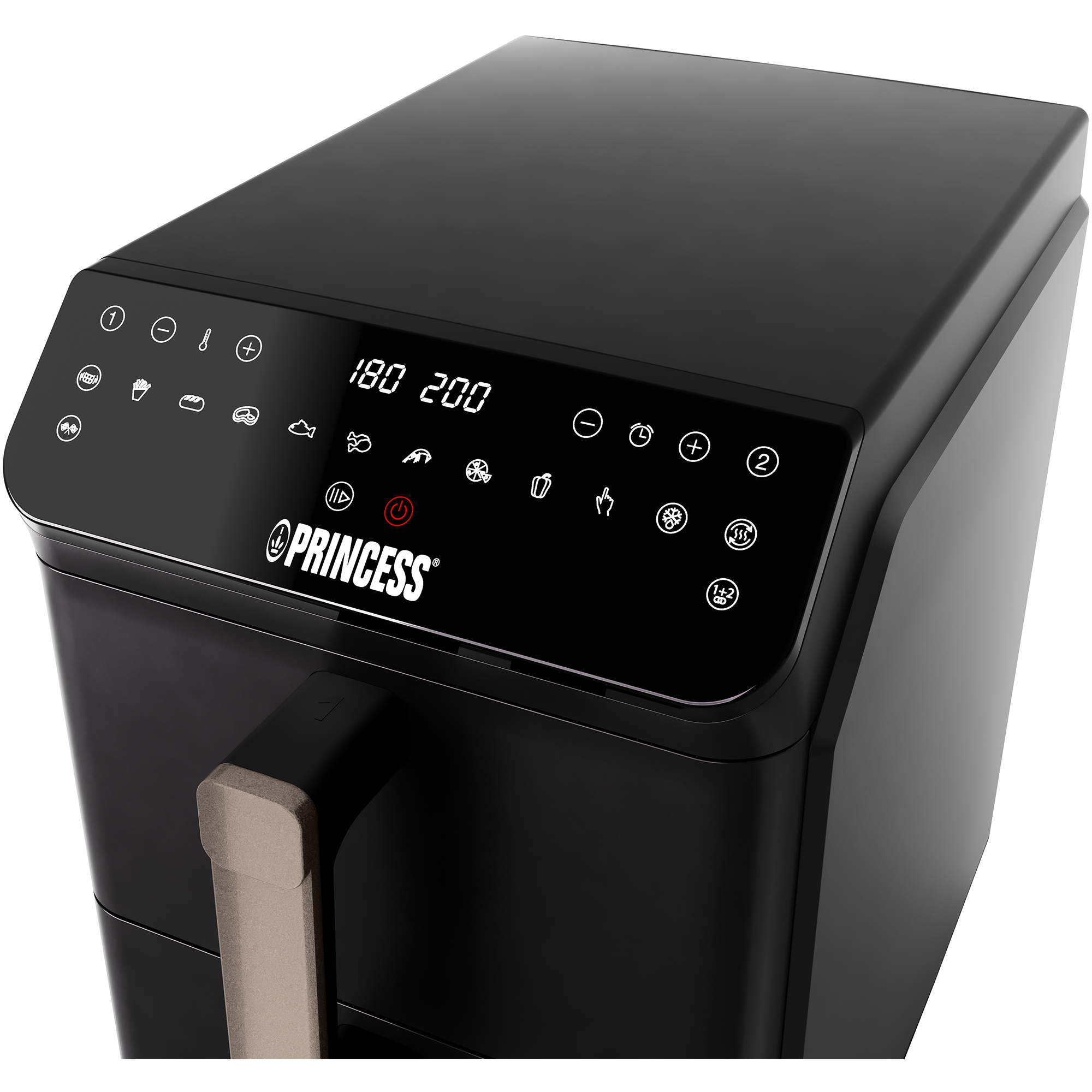 Zwarte airfryer met digitaal display (180, 200). Bevat iconen voor eten en instellingen.