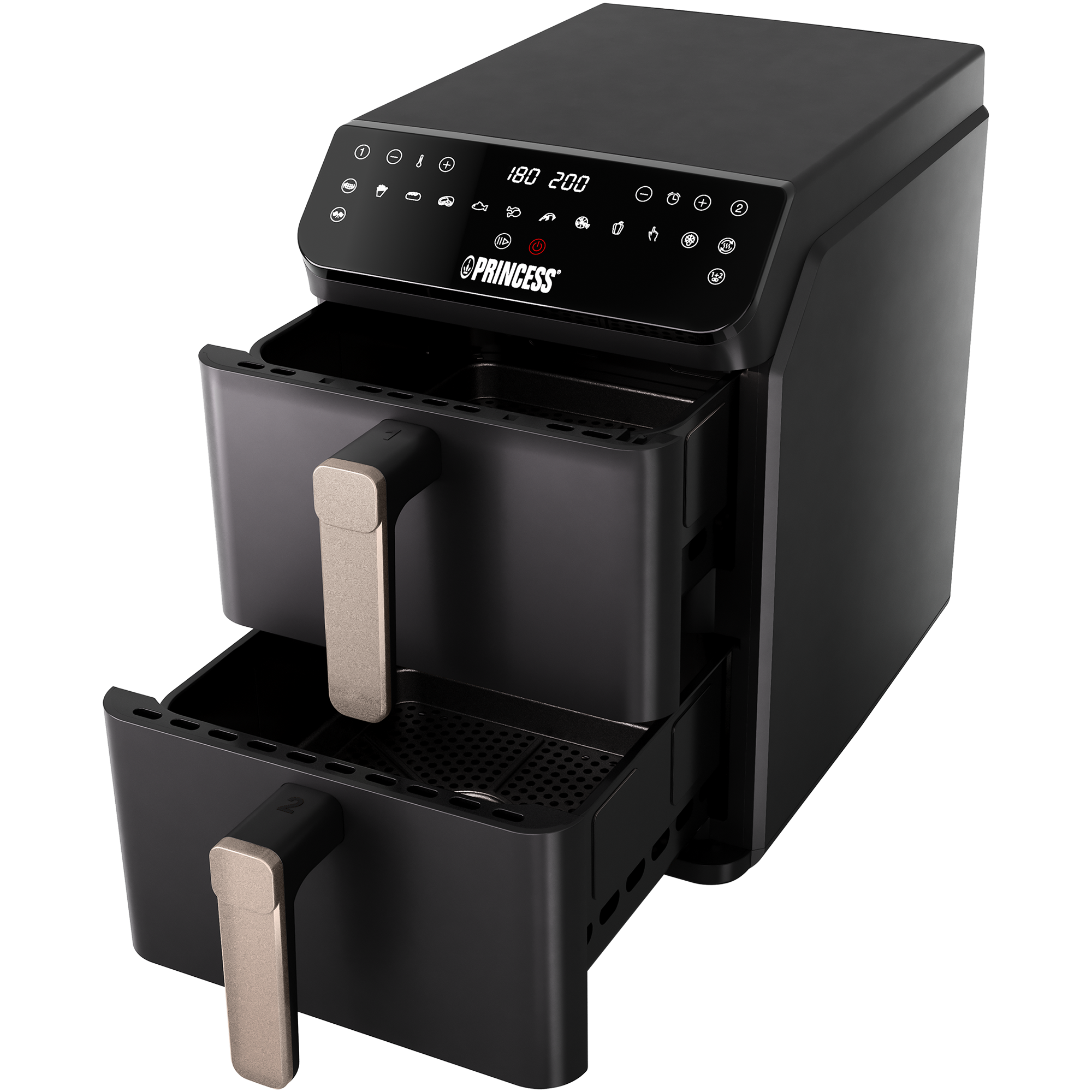 Zwarte heteluchtfriteuse met dubbele lade, digitaal display en bedieningselementen.