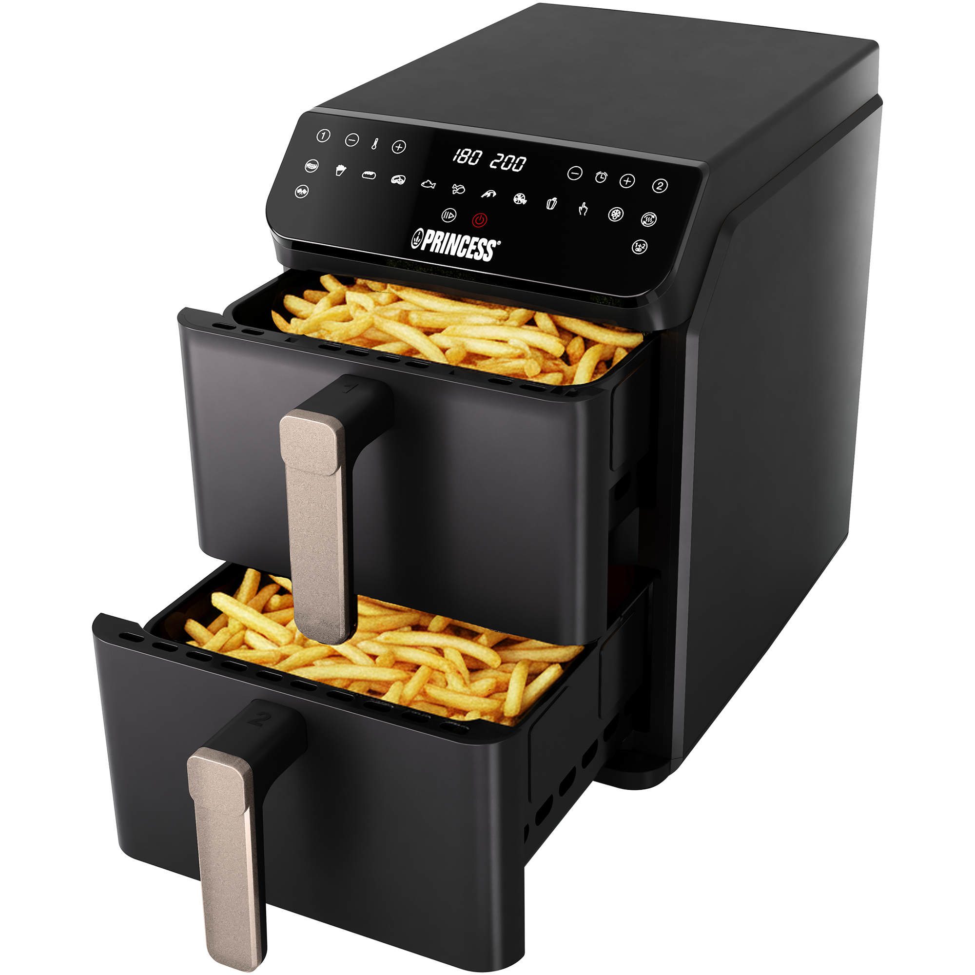 Een zwarte airfryer met dubbele mand, gevuld met goudbruine friet. Digitaal display toont 180 200.