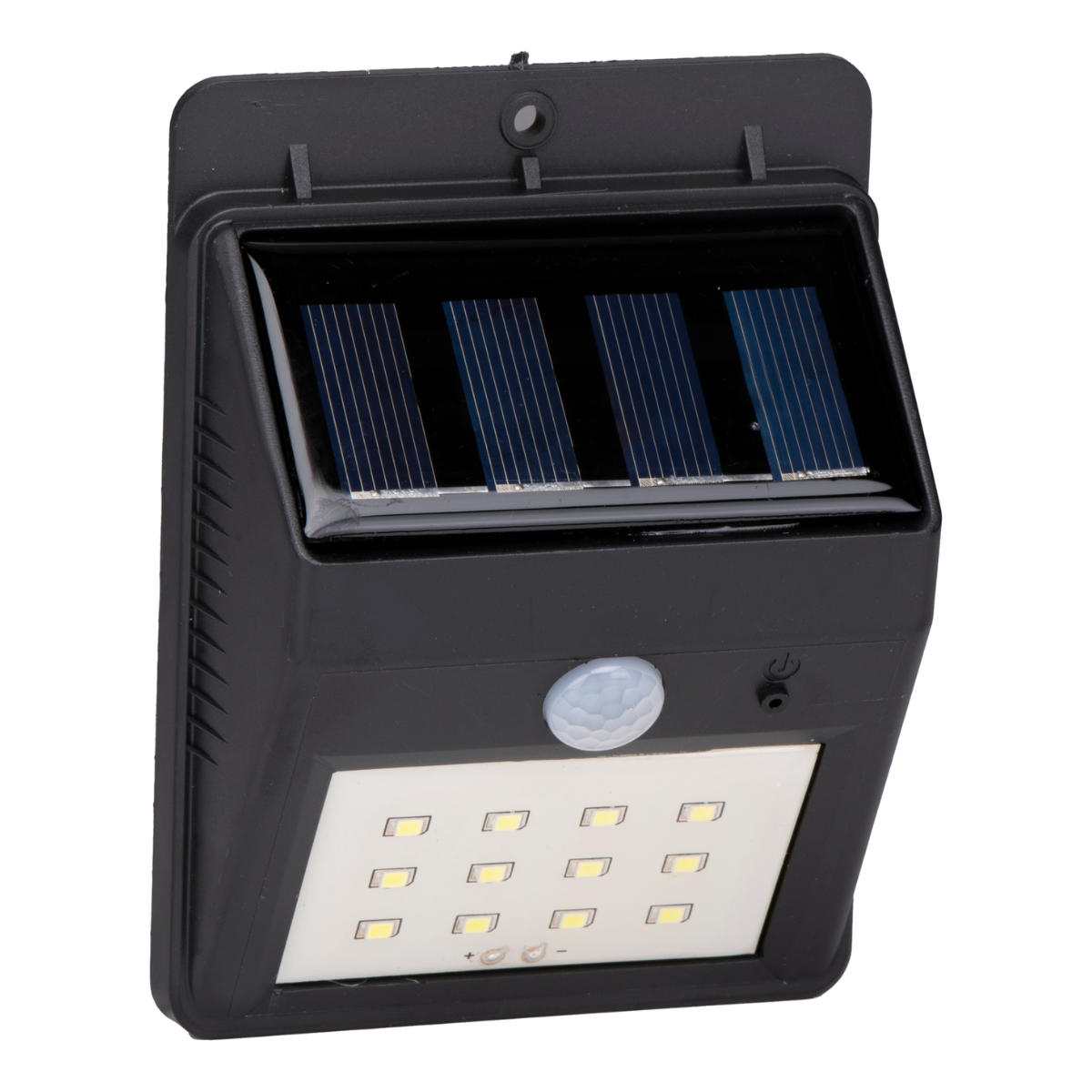 Zwarte solar wandlamp met vier zonnepanelen en 16 LED's.