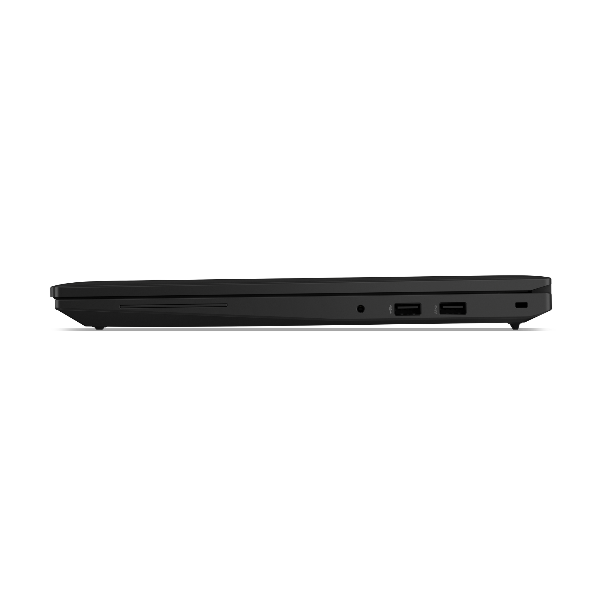 Laptop nero di profilo, con porte USB e jack per cuffie.