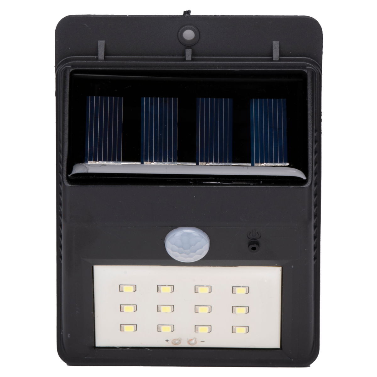 Een zwart op zonne-energie werkend bewegingssensorlampje met vier zonnepanelen en 12 leds.