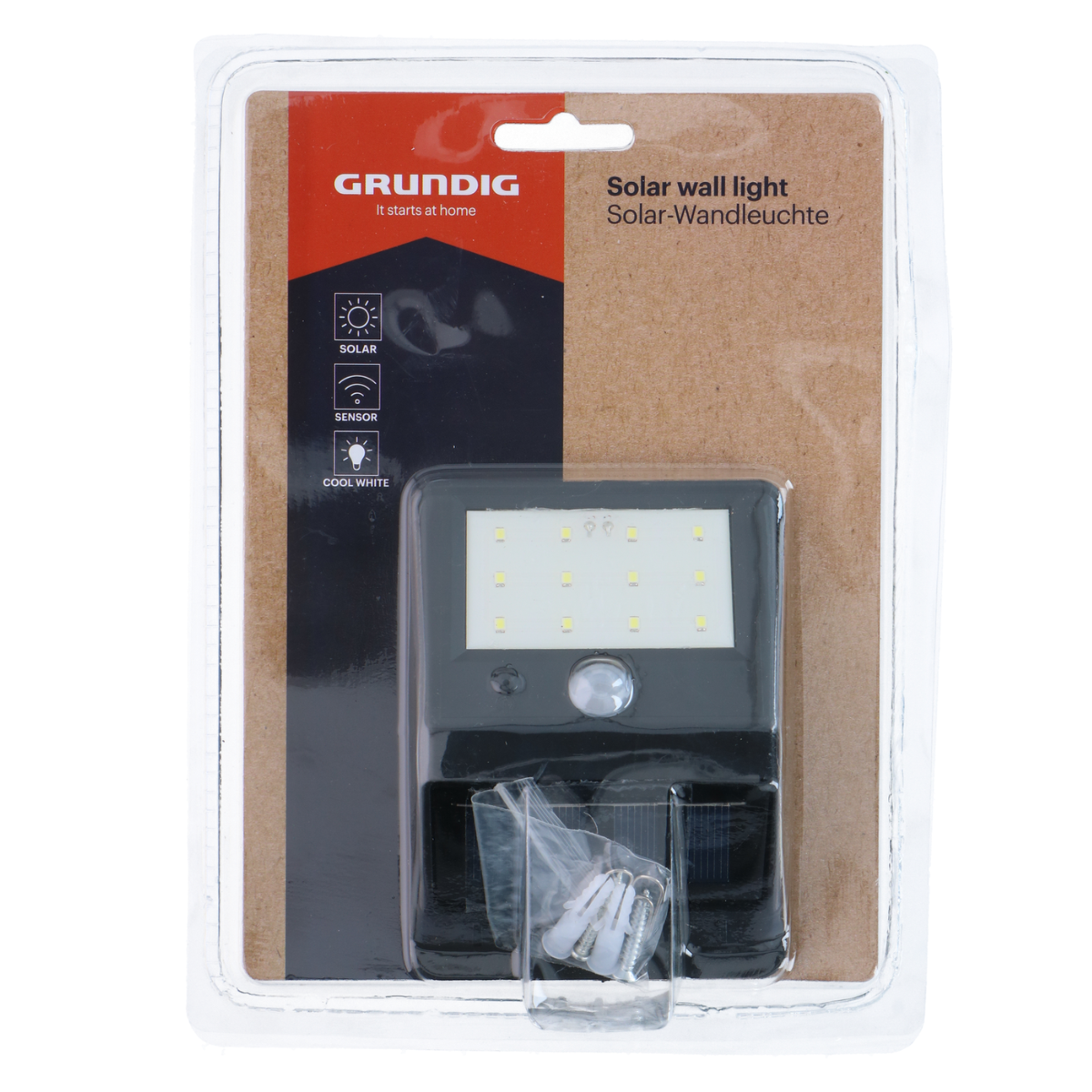 Grundig solar wandlamp verpakking met zonnepaneel, LED's, sensor en bevestigingsmateriaal.