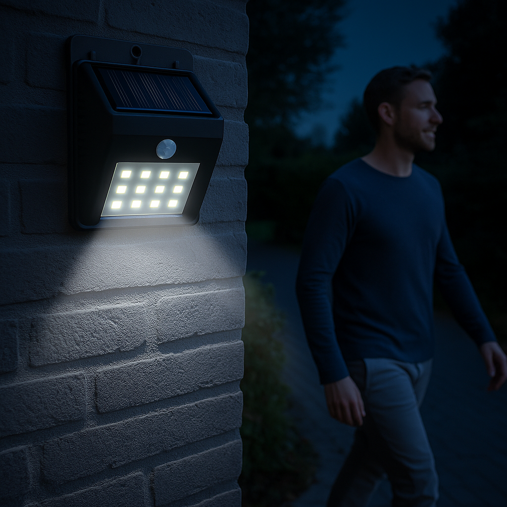 Een solar-aangedreven lamp verlicht een bakstenen muur terwijl een man in de schemering langskomt.
