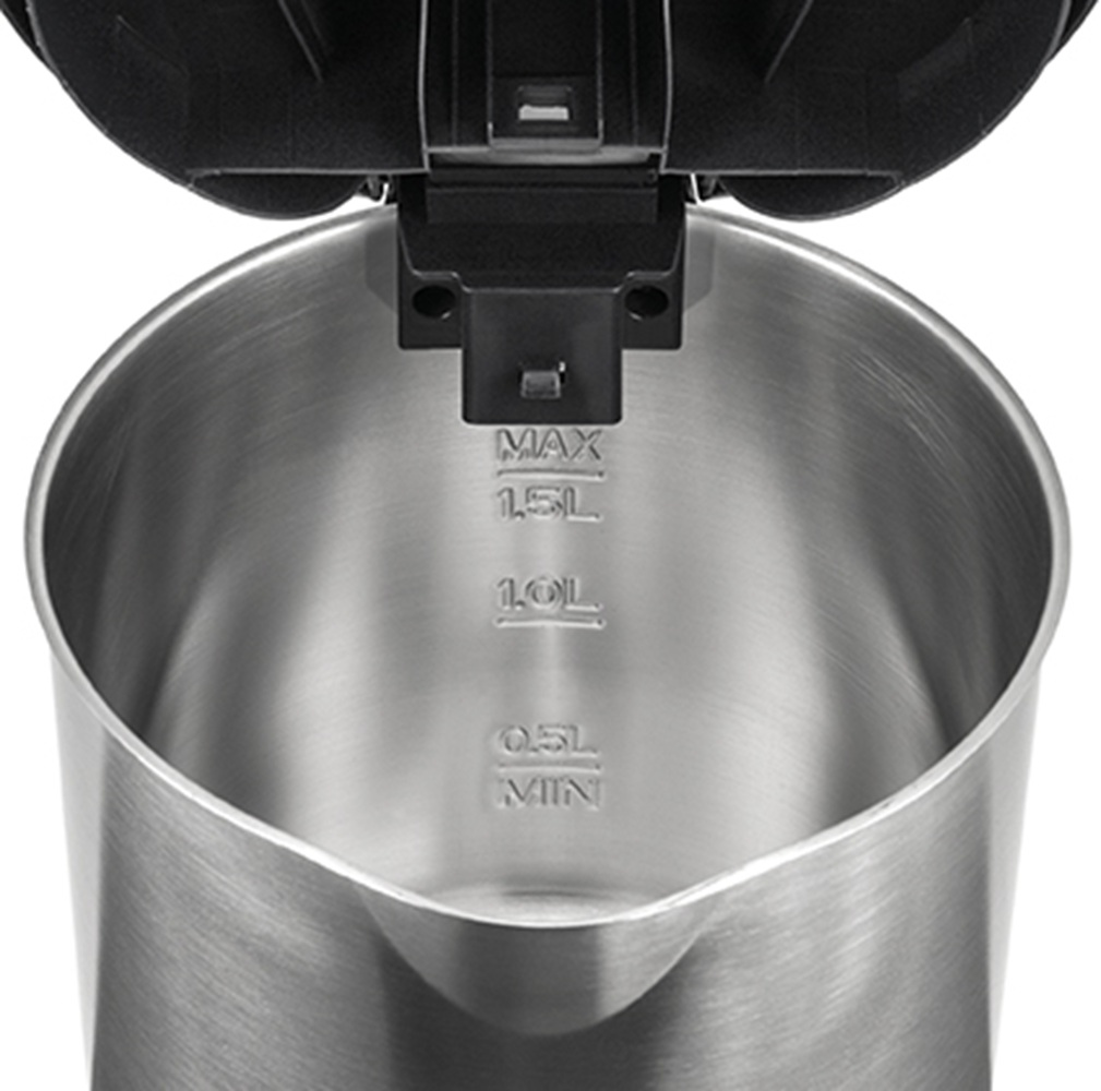 Wnętrze czajnika ze stali nierdzewnej, pokazujące oznaczenia poziomu wody: MAX, 1.5L, 1.0L, 0.5L, MIN.