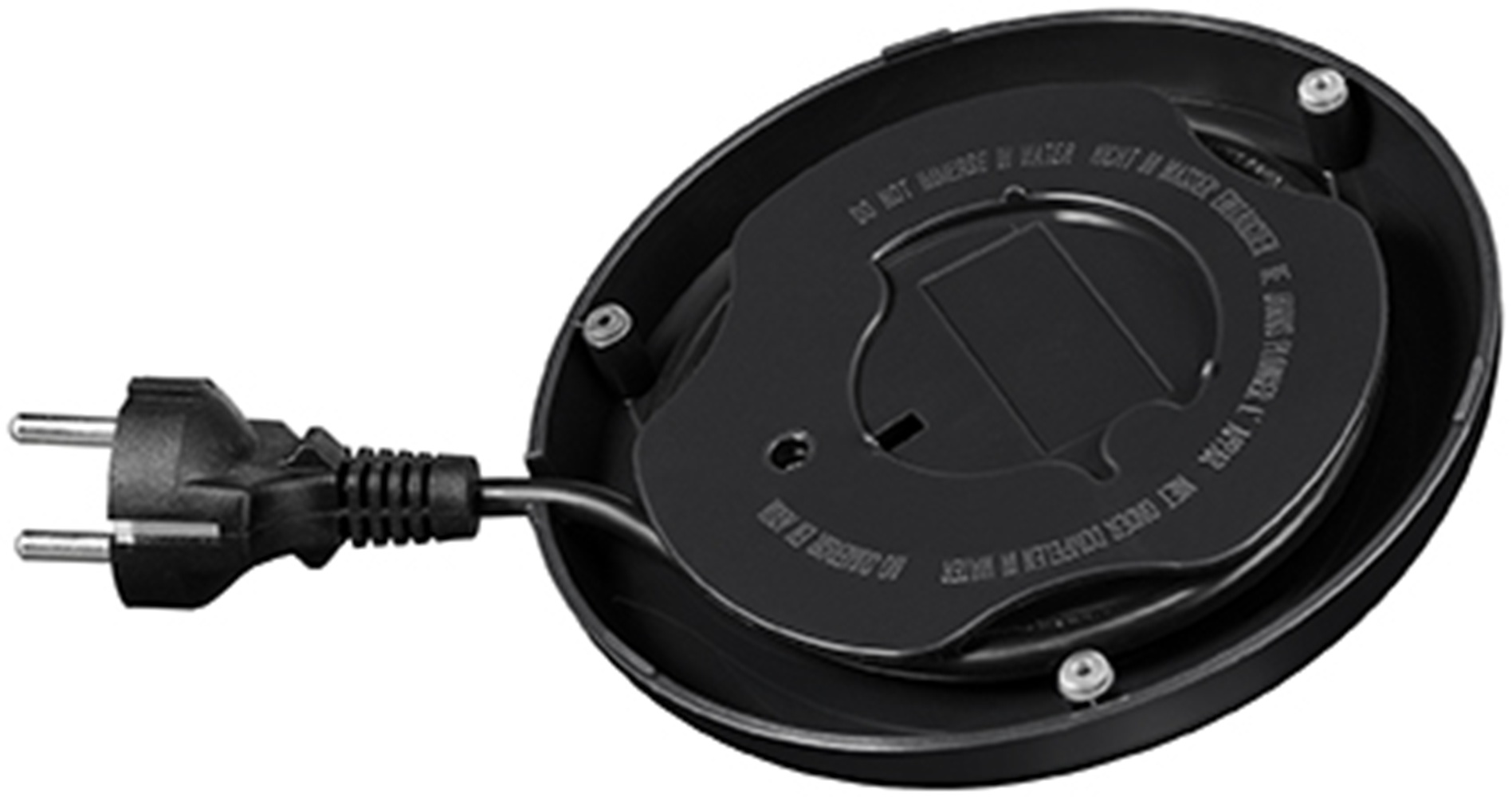 Czarna wtyczka i kabel podłączone do podstawy czarnego urządzenia.