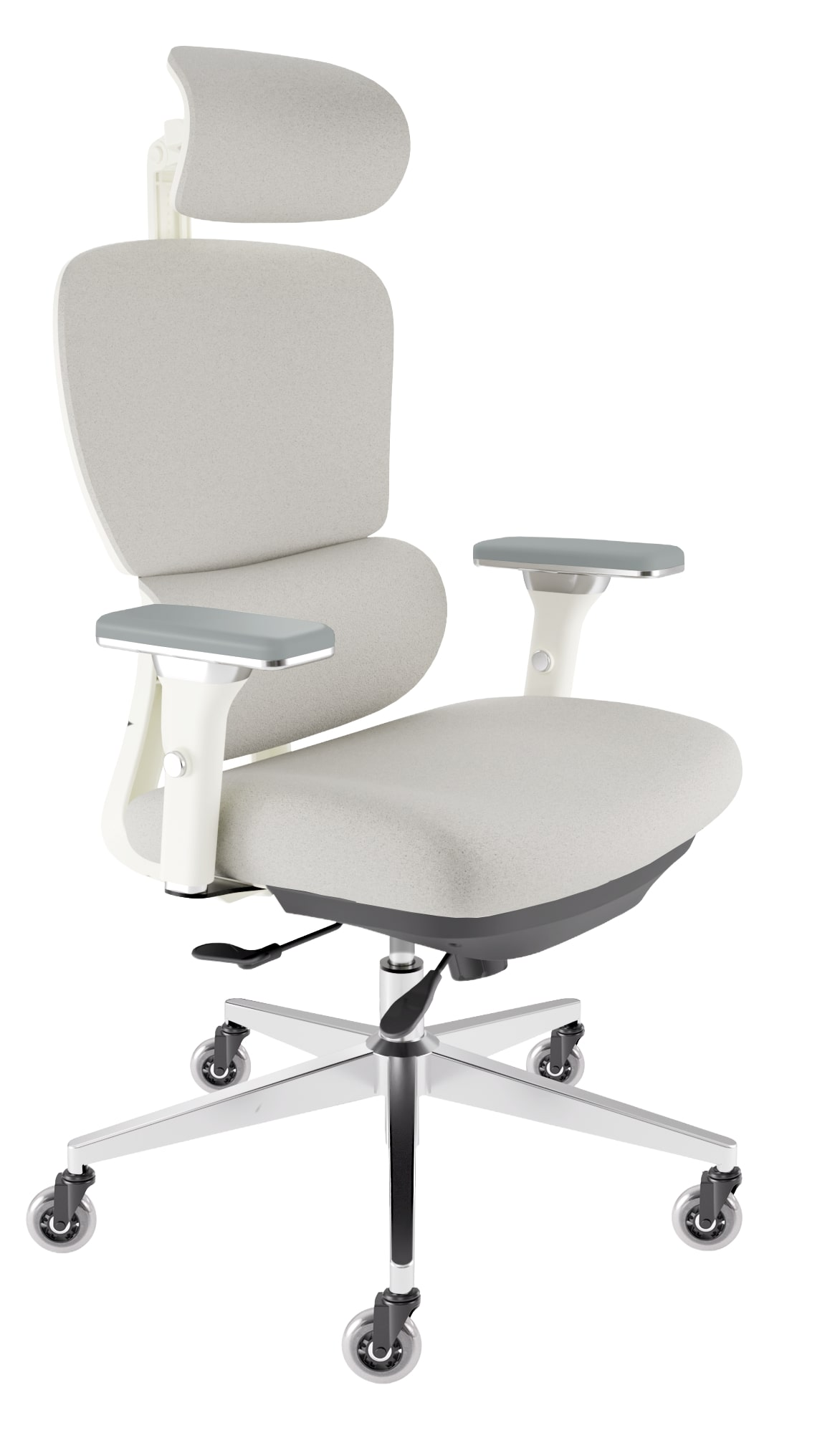 Ein ergonomischer Bürostuhl mit grauem Stoffbezug, verstellbarer Kopfstütze und Armlehnen auf weißem Gestell.