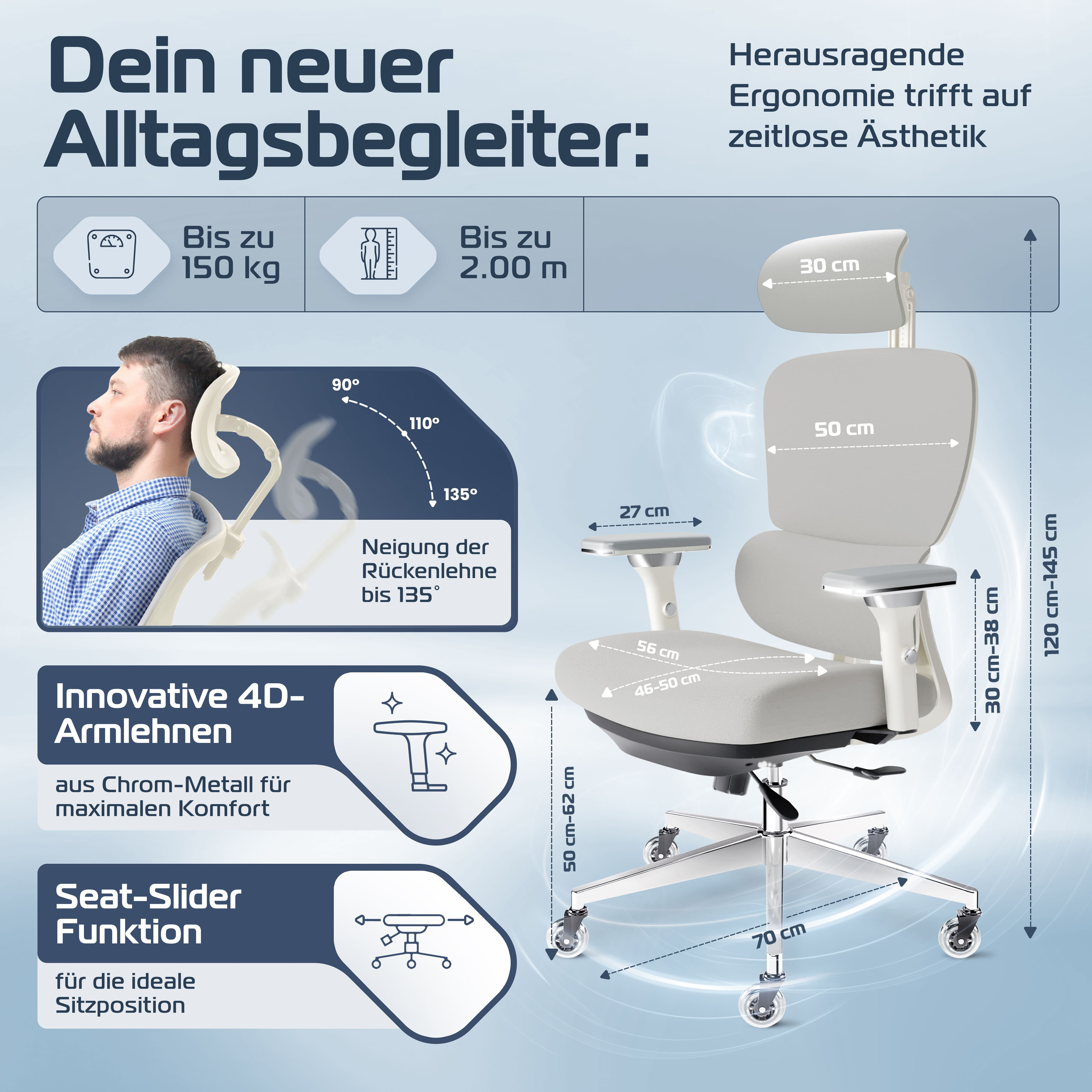 Ergonomischer Bürostuhl mit Maßen und Funktionen. Belastbar bis 150 kg, Größe bis 2 m.