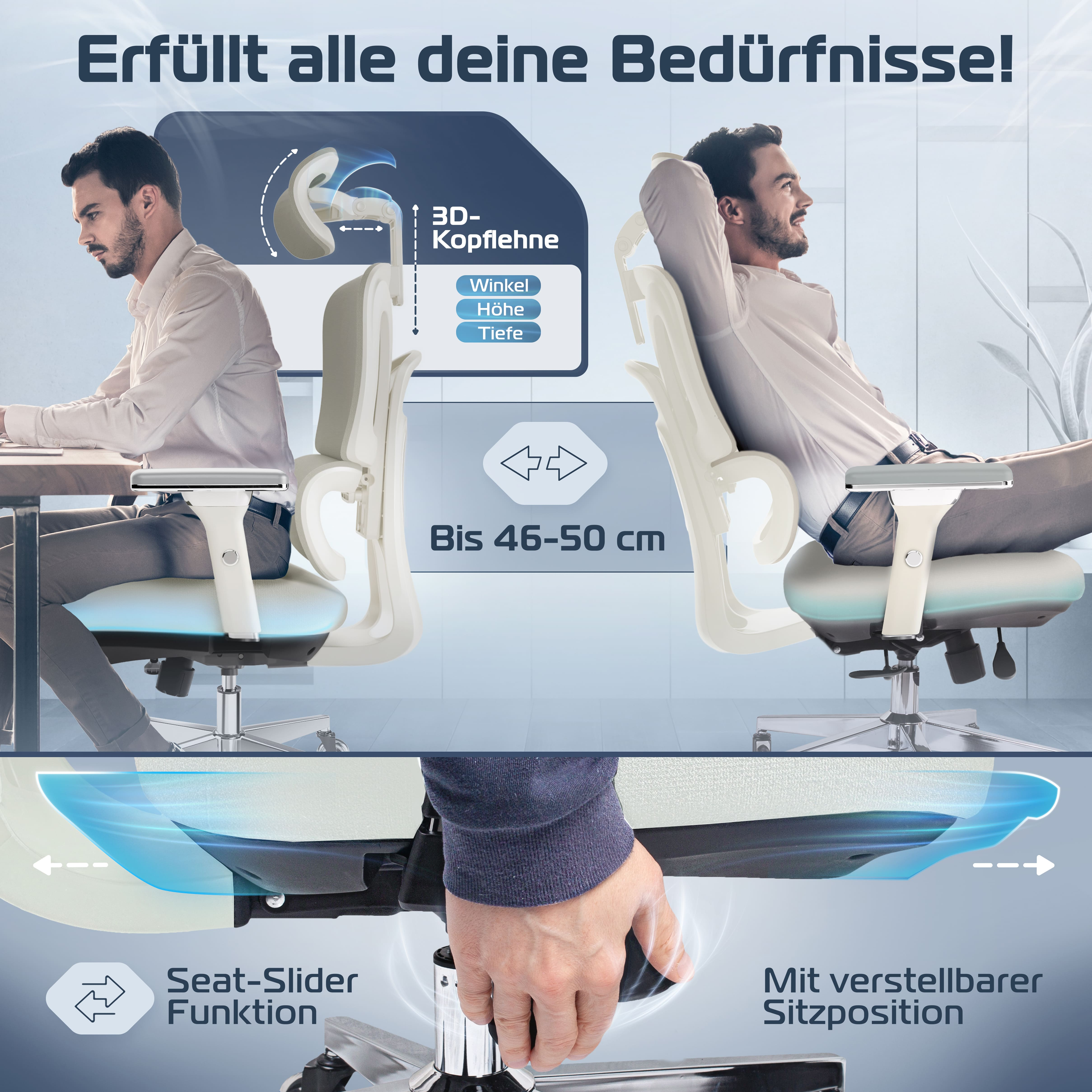 Bürostuhl mit verstellbarer Kopfstütze, Sitzhöhe und Schiebefunktion.