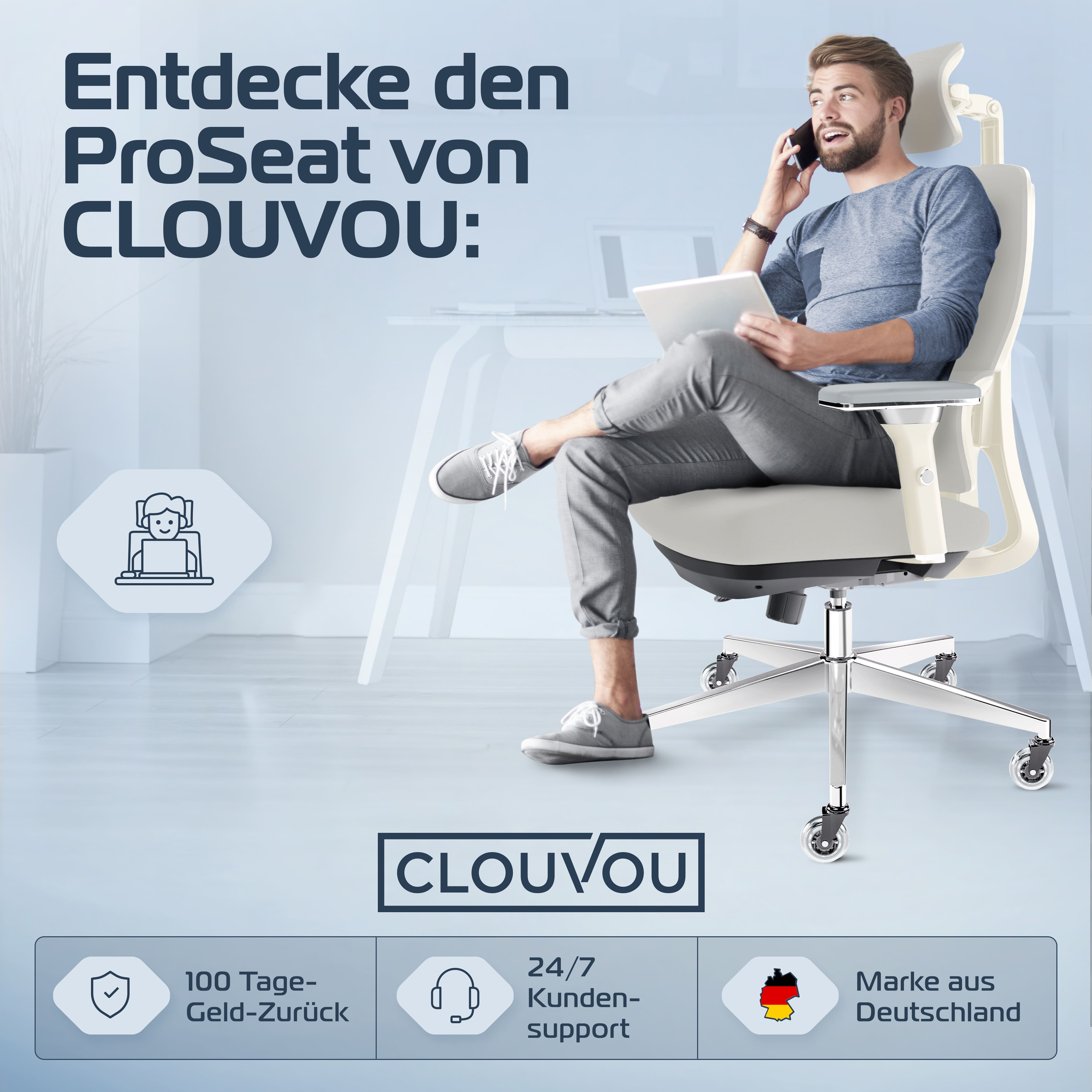 Mann telefoniert, hält Laptop, sitzt im Bürostuhl. Produktinfos unten.