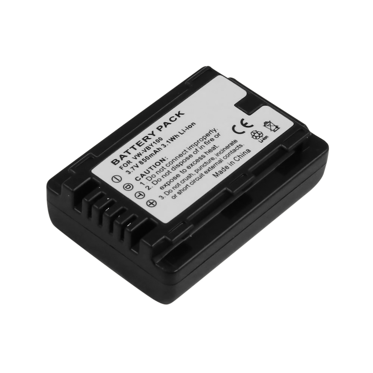 Batteria nera per VW-VBY100. 3,7V 850mAh 3,1Wh Li-ion. Testo di cautela presente.