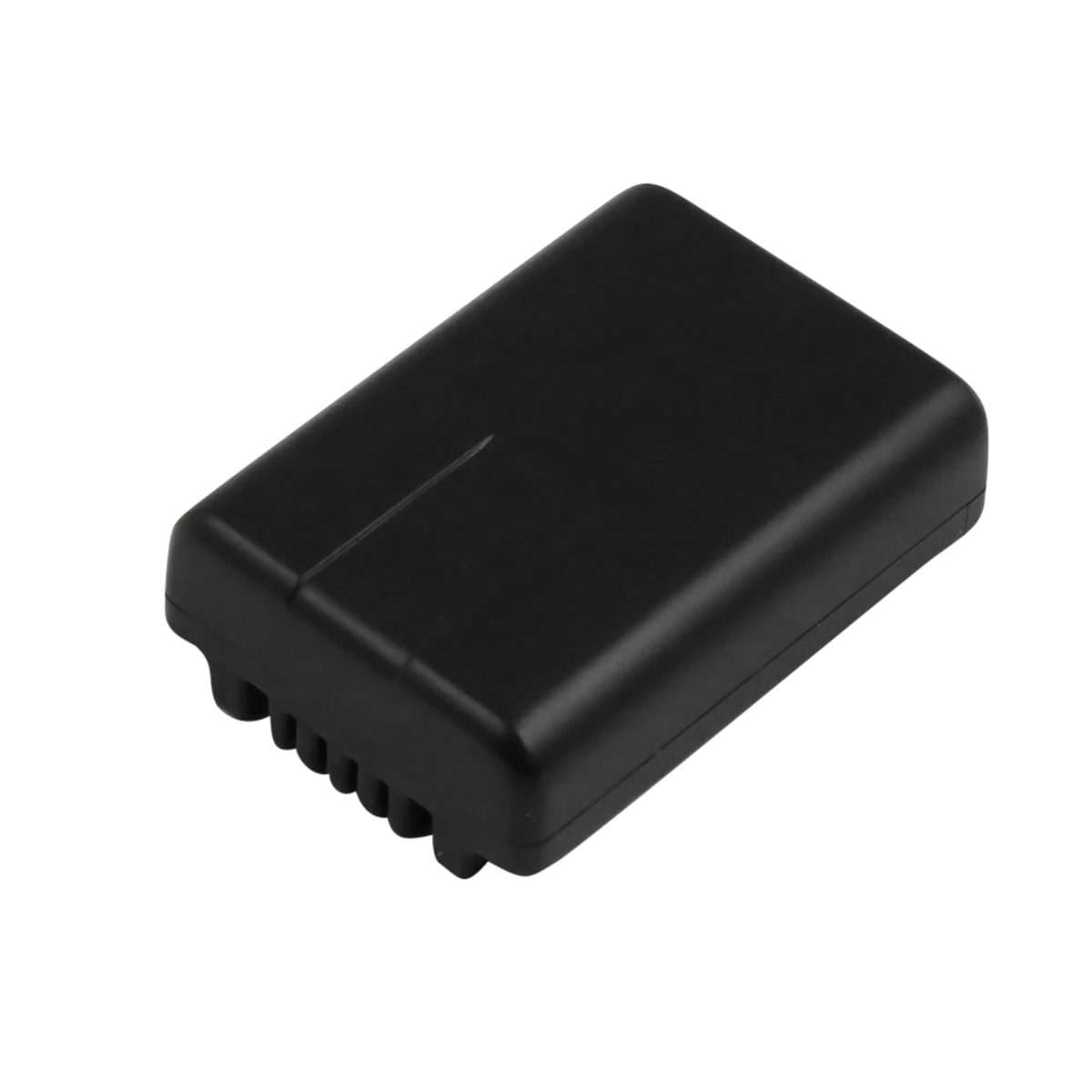 Una batteria rettangolare nera con un lato testurizzato, isolata su sfondo bianco.