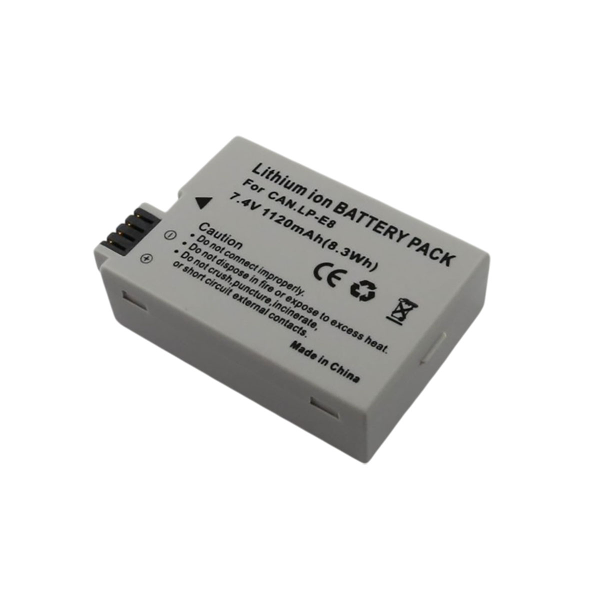 Batteria agli ioni di litio grigia per Canon LP-E8, 7,4V 1120mAh. Made in China.