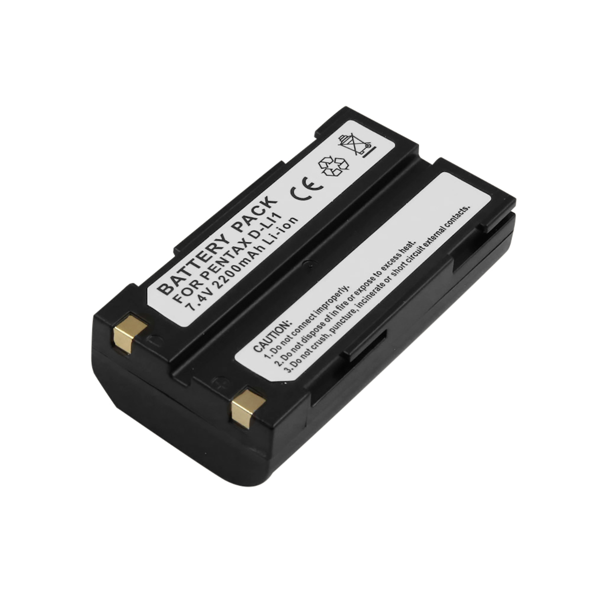 Batteria nera per Pentax D-LI1, 7.4V 2200mAh Li-ion, con testo di avvertenza.
