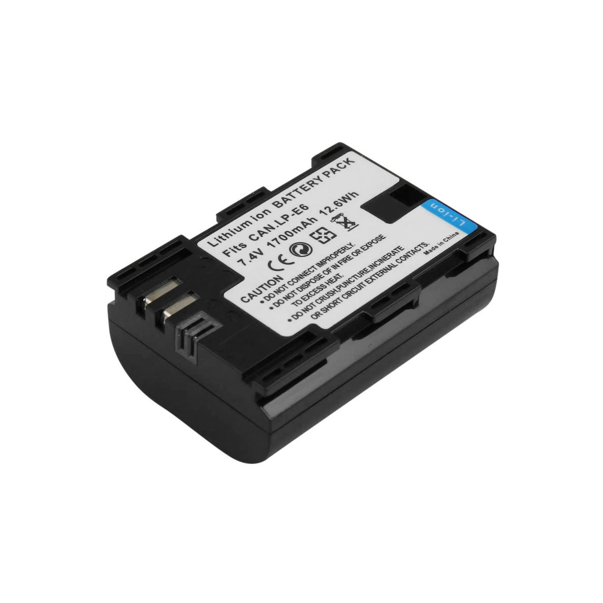 Batería de iones de litio negra para CAN.LP-E6, 7,4V 1700mAh, con símbolos de precaución.