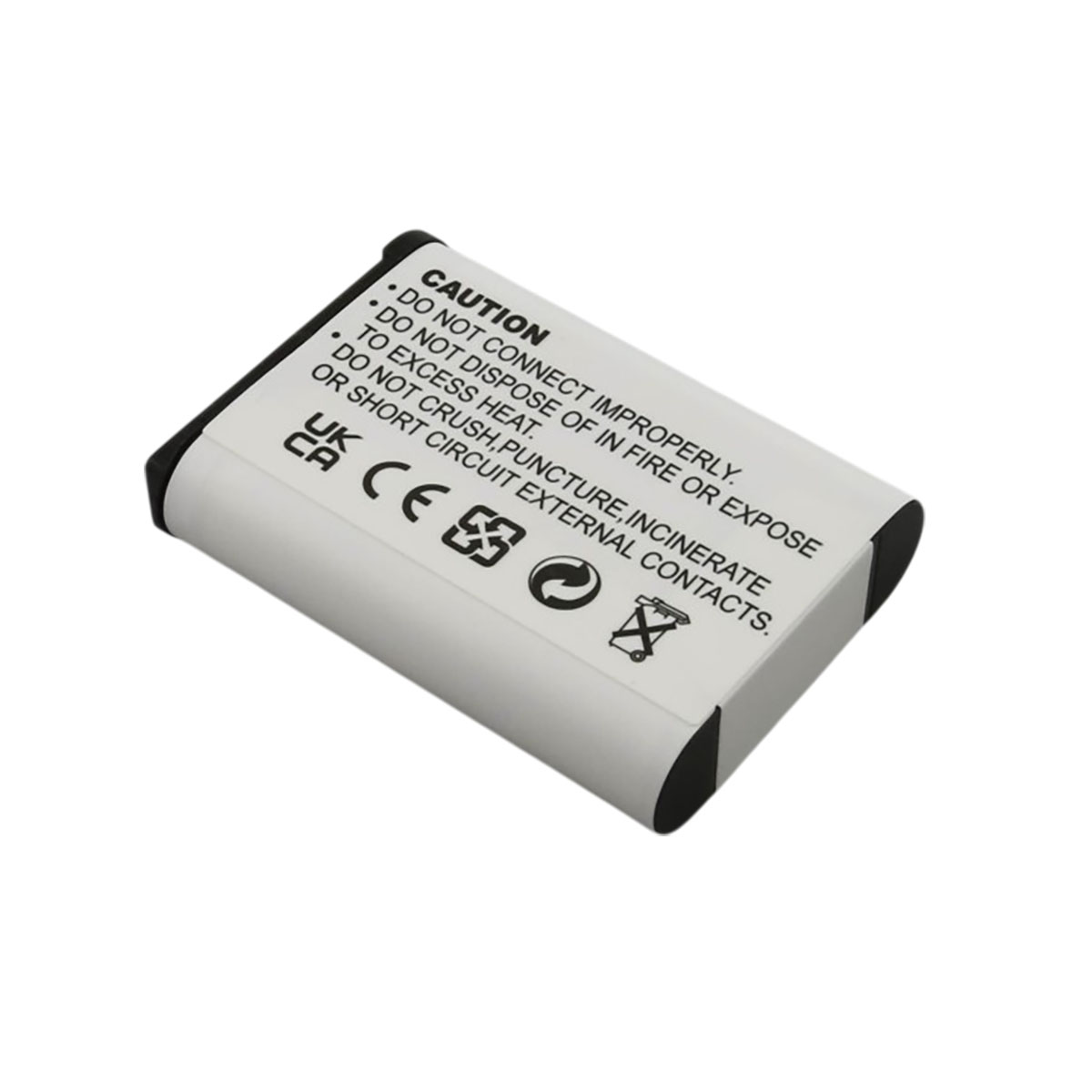 Batería blanca con símbolos de precaución y texto. Marcas CE y UKCA visibles.