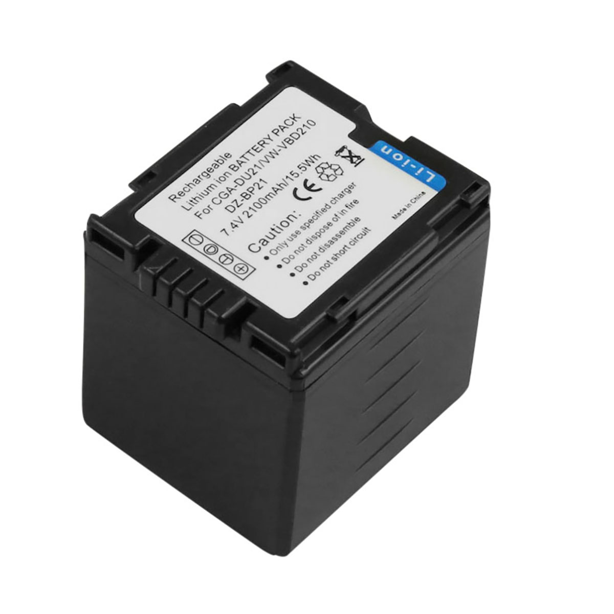 Batteria ricaricabile agli ioni di litio nera con etichetta: 7,4V, 2100mAh, avvertenze.