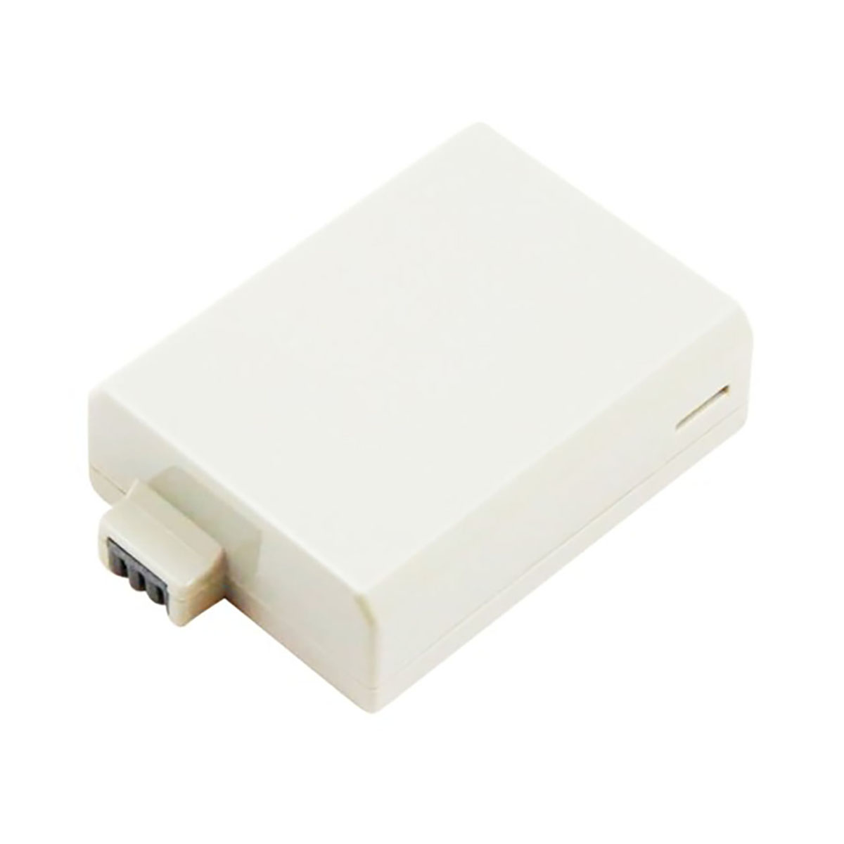 Un pacco batteria rettangolare bianco con un connettore nero a sinistra.