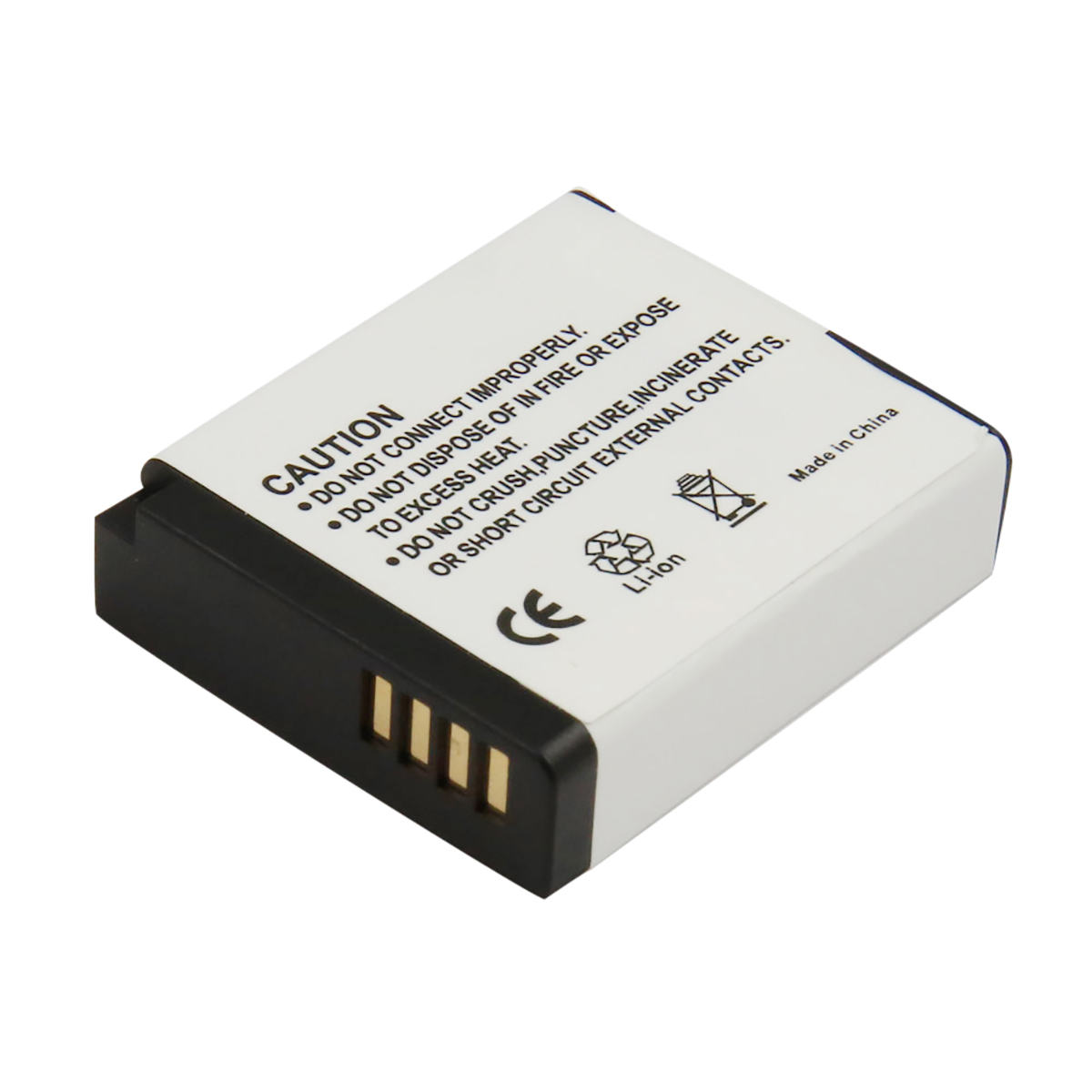 Una batteria Li-ion bianca e nera con testo di avvertenza e simboli.