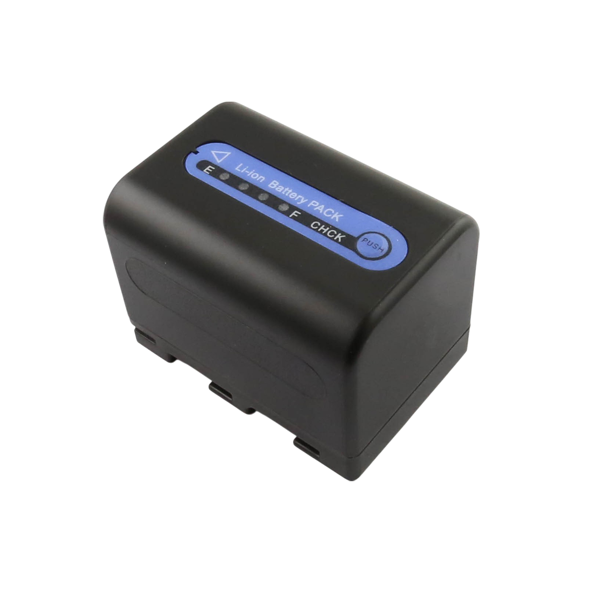Un pacco batteria Li-ion nero con etichetta blu che mostra gli indicatori del livello di carica.