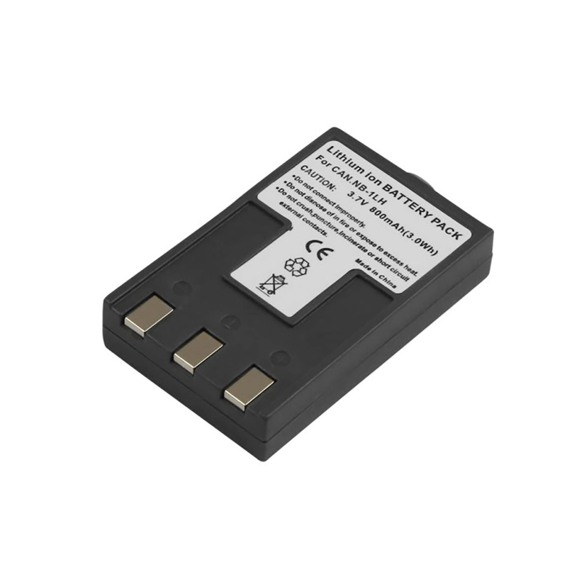 Batteria agli ioni di litio nera per Canon NB-1LH, 3,7V, 800mAh. Presenta tre contatti metallici.