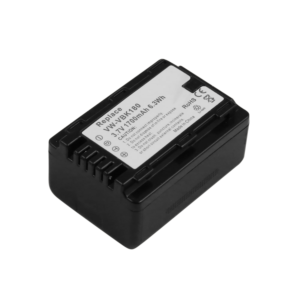 Batteria nera per fotocamera digitale, VW-VBK180, 3,7V, 1700mAh, 6,3Wh. Made in China.